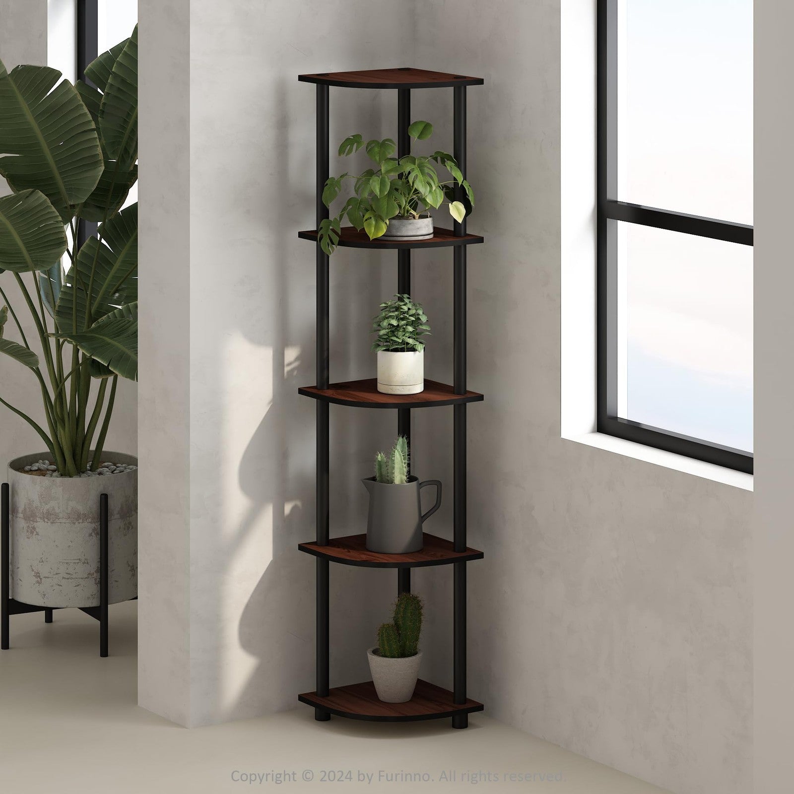 Furinno Turn-N-Tube 5-tier dark cherry corner storage shelf with no-tool assembly