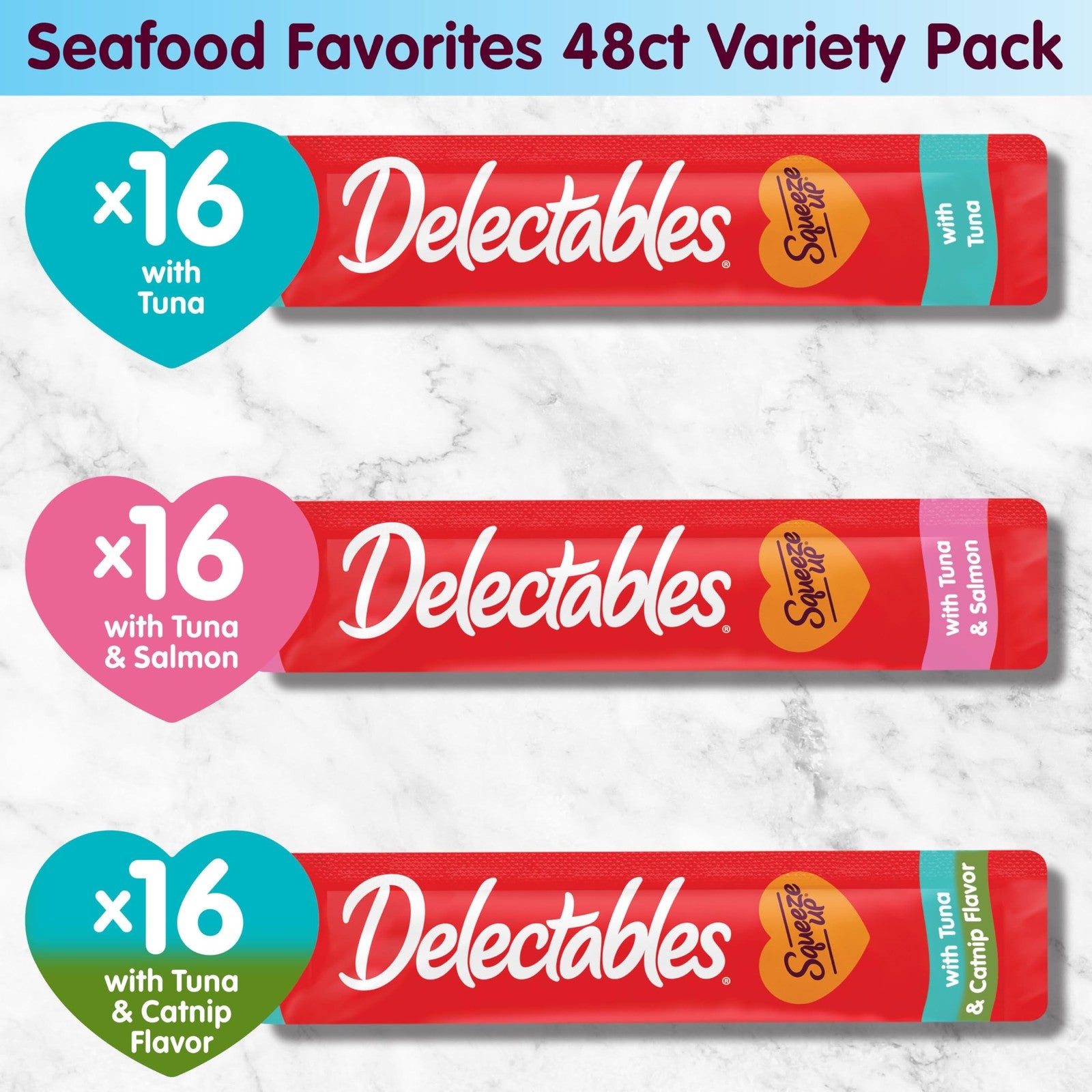 Delectables Squeeze Up Tuna Variety Pack wet cat food with creamy, lickable purees in squeezable tubes for cats.