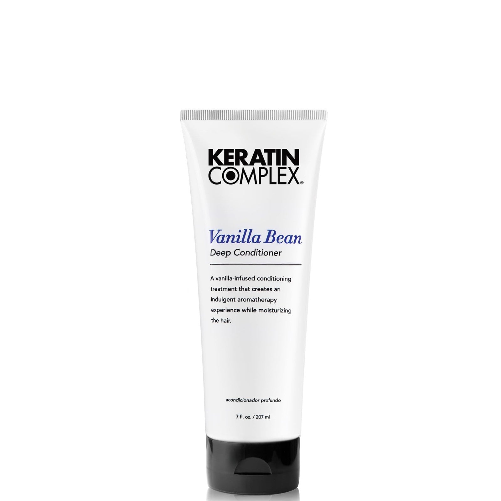 Keratin Complex Vanilla Bean Deep Conditioner 7 oz jar with creamy, smooth conditioner visible in the image.