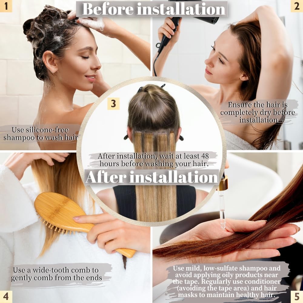 OBHD Remy Human Hair Tape-in Extensions, 20pcs straight skin weft, 16 inches, color 350# displayed on a model.