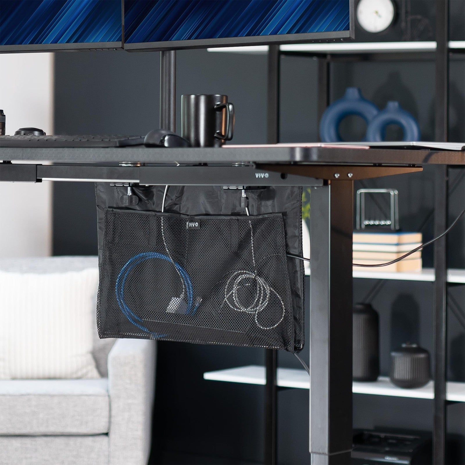 VIVO 24-inch clamp-on privacy and cable management organizer sleeve hiding wires and providing a tidy workspace.