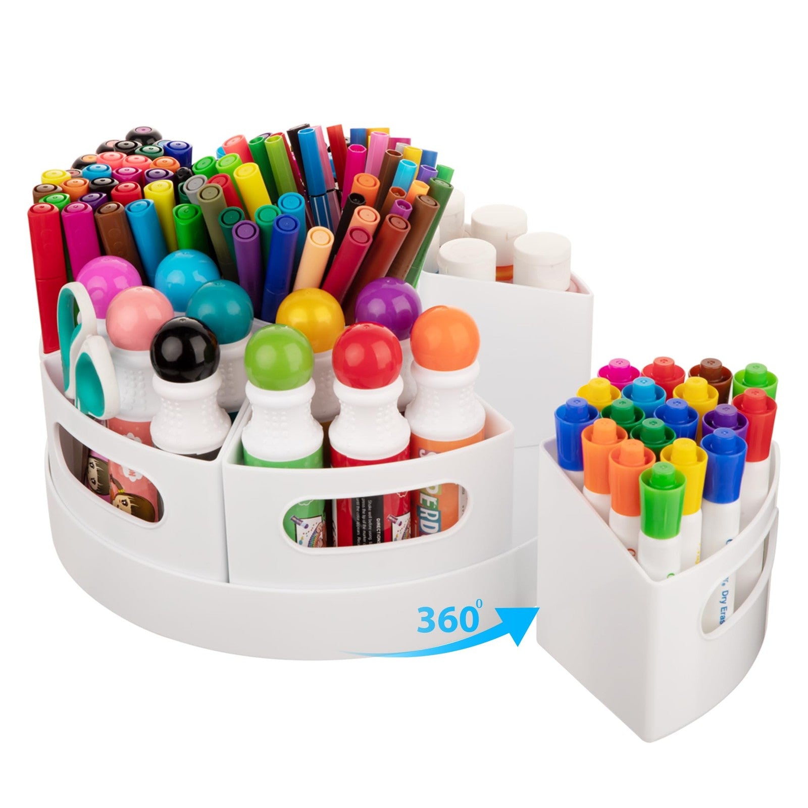 CraftGenes art supplies organizer, extra large 360° rotating desk holder with multiple compartments for paintbrushes and tools.