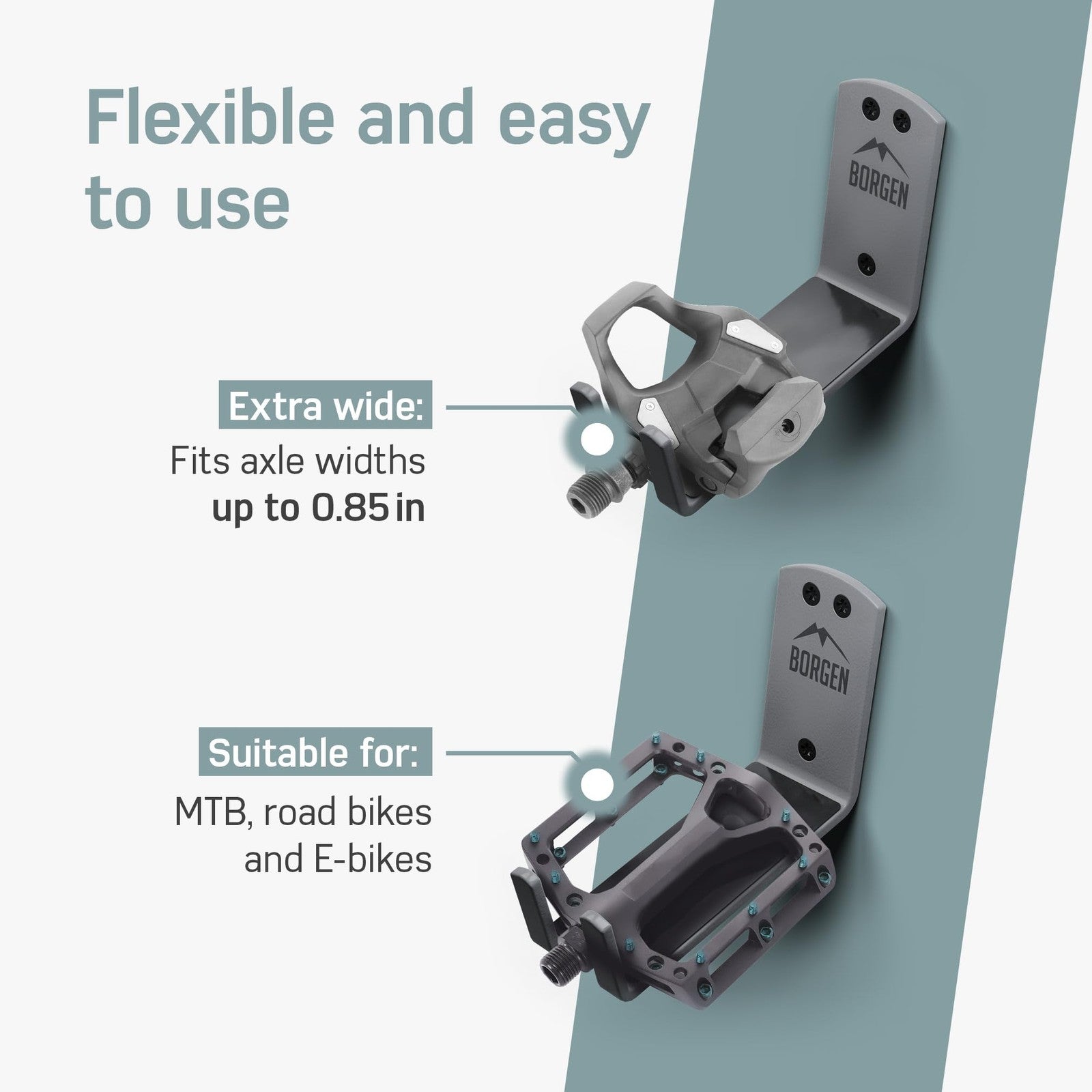 Borgen bike wall mount pedal hook for e-bikes, mountain bikes, and road bikes, with a 66lb capacity, holding pedals securely on the wall