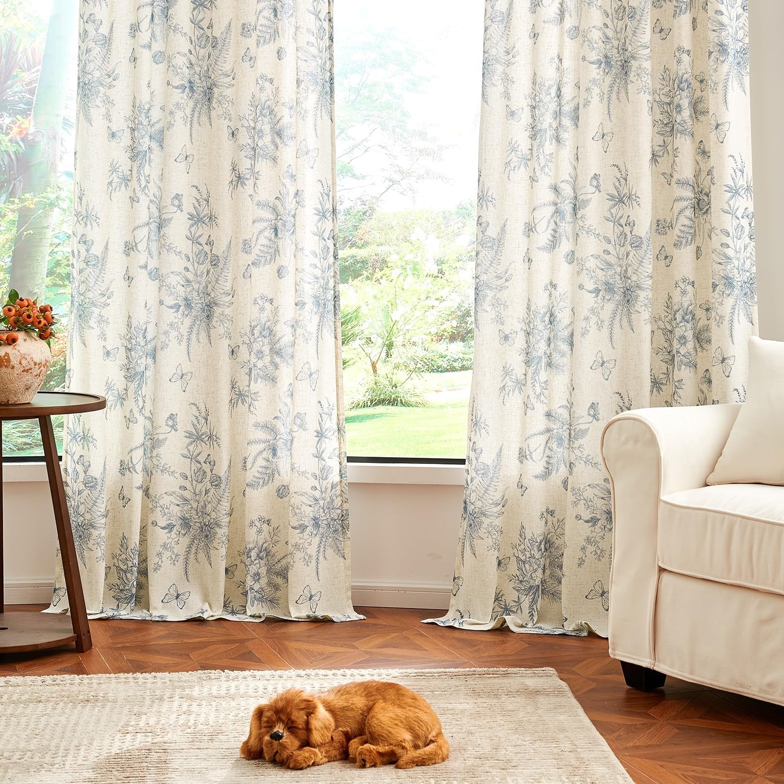 Blue linen floral curtains by jinchan, 96-inch length, farmhouse style, perfect for living room windows with elegant floral pattern.