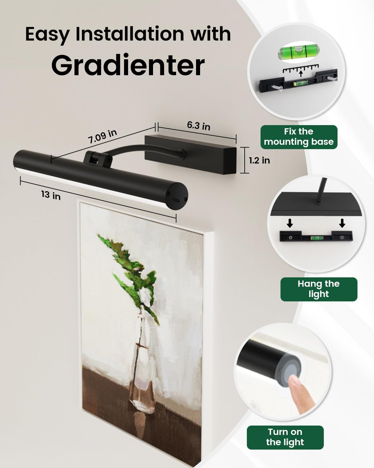 Bridika battery-operated wall picture light with remote, showing three color modes and adjustable brightness on a wall.