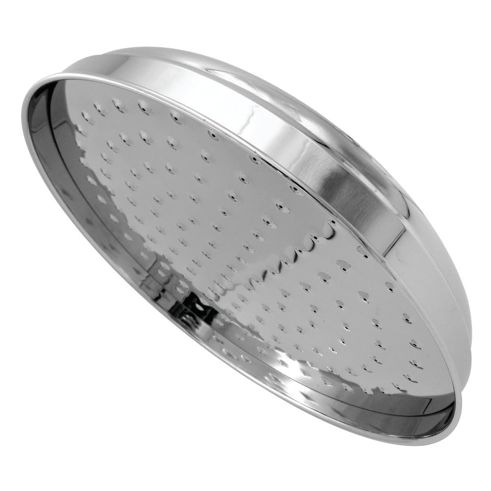 Kingston Brass Victorian Raindrop Showerhead in polished chrome, 10-inch diameter, showcasing the elegant design and multiple spray nozzles.