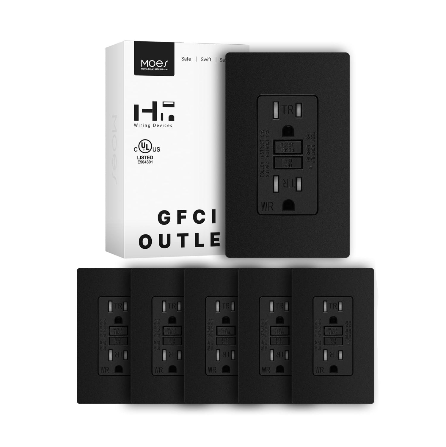 MOES GFCI outlet 15 Amp self-test weatherproof electrical outlet with tamper-resistant cover and safety features.