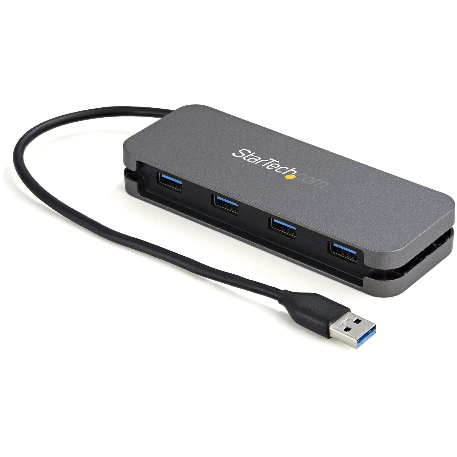 StarTech.com 4-port USB 3.0 hub with USB-A connectors, showcasing the compact, portable design and multiple USB ports for data transfer
