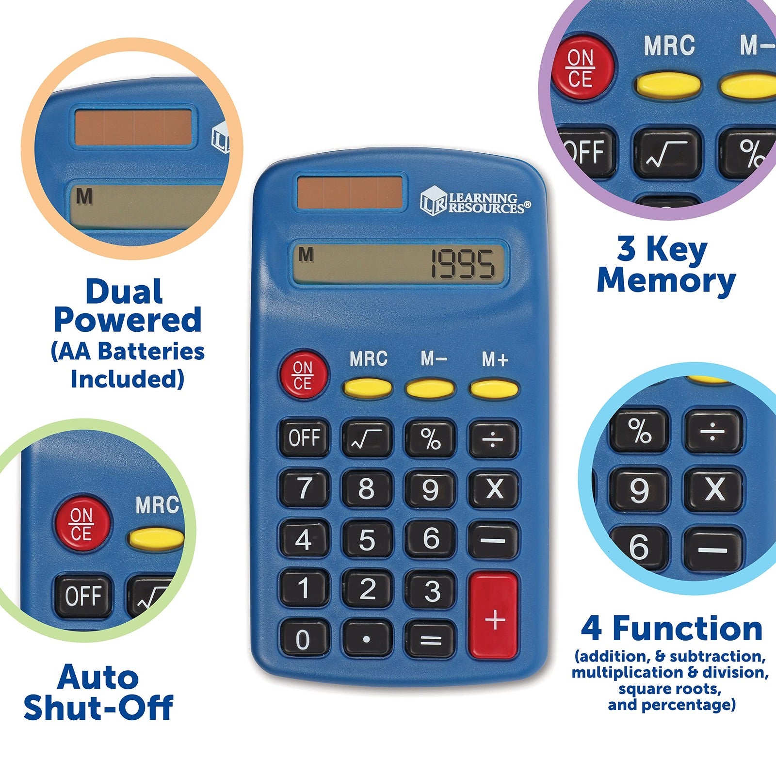 Learning Resources primary calculator with solar panel and battery, featuring large buttons for easy use by young students.