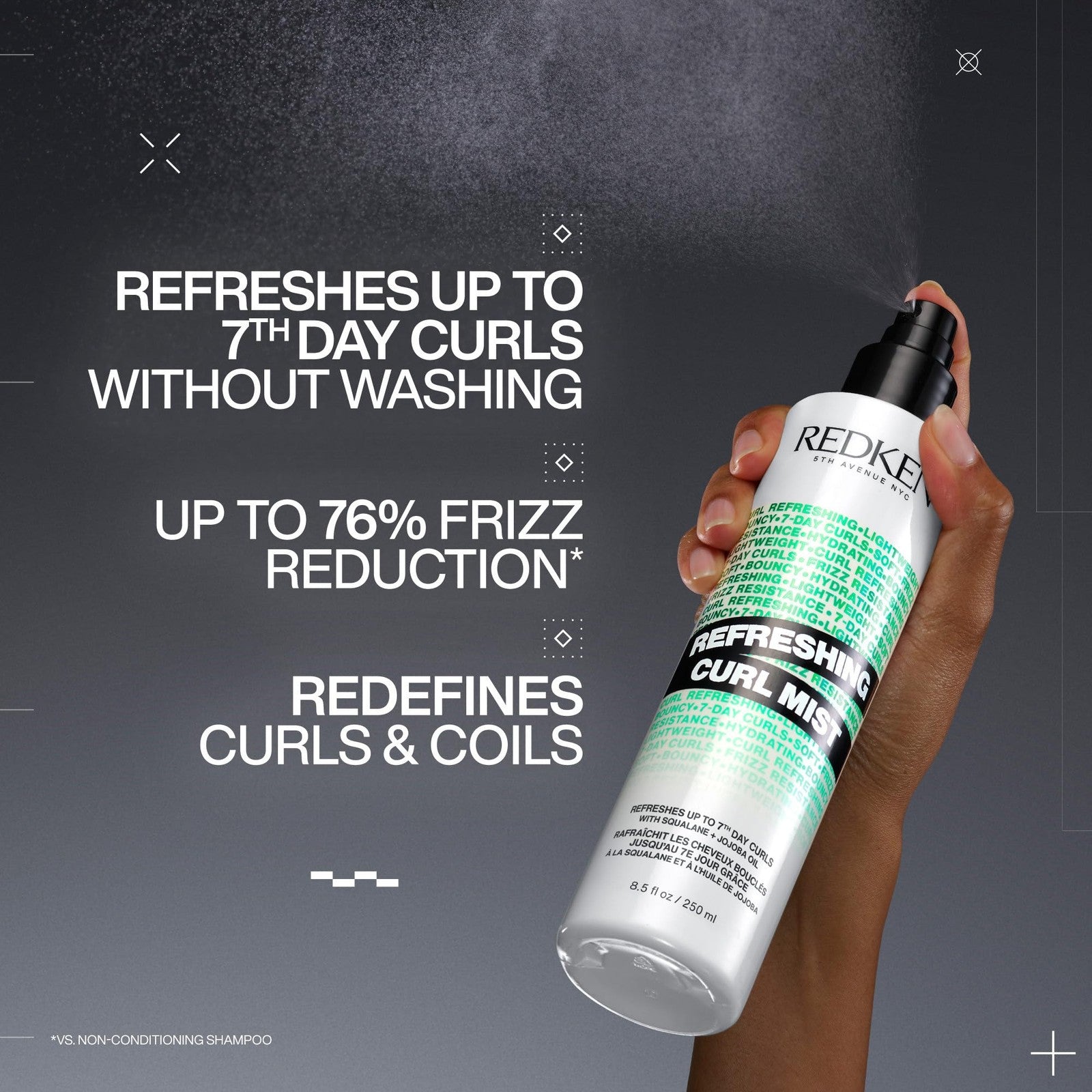 Redken Curl Refreshing Spray bottle for curly and coily hair, showing the product label and spray nozzle in a close-up shot.