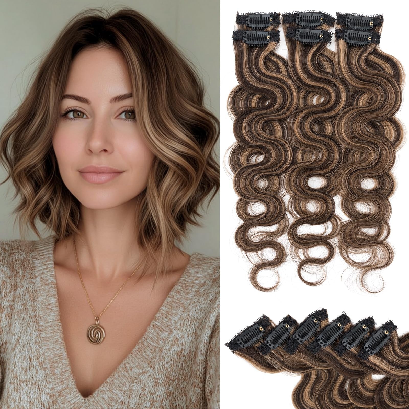 Rich Choices short clip-in hair extensions with curly wave design, featuring six pieces of real human hair.