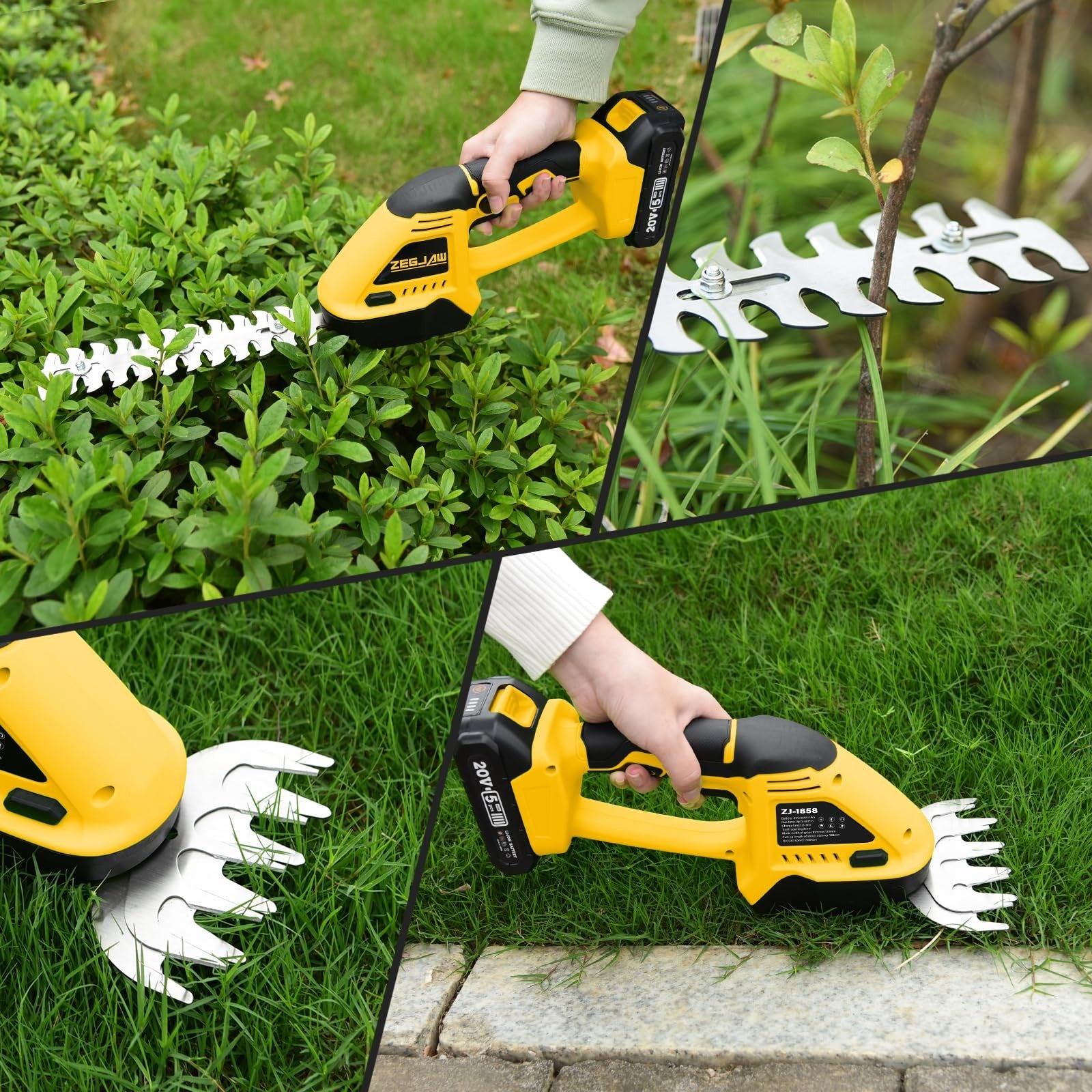 ZEGJAW 20V cordless hedge trimmer and grass shear in hand, showcasing its lightweight, dual-function electric garden tool.