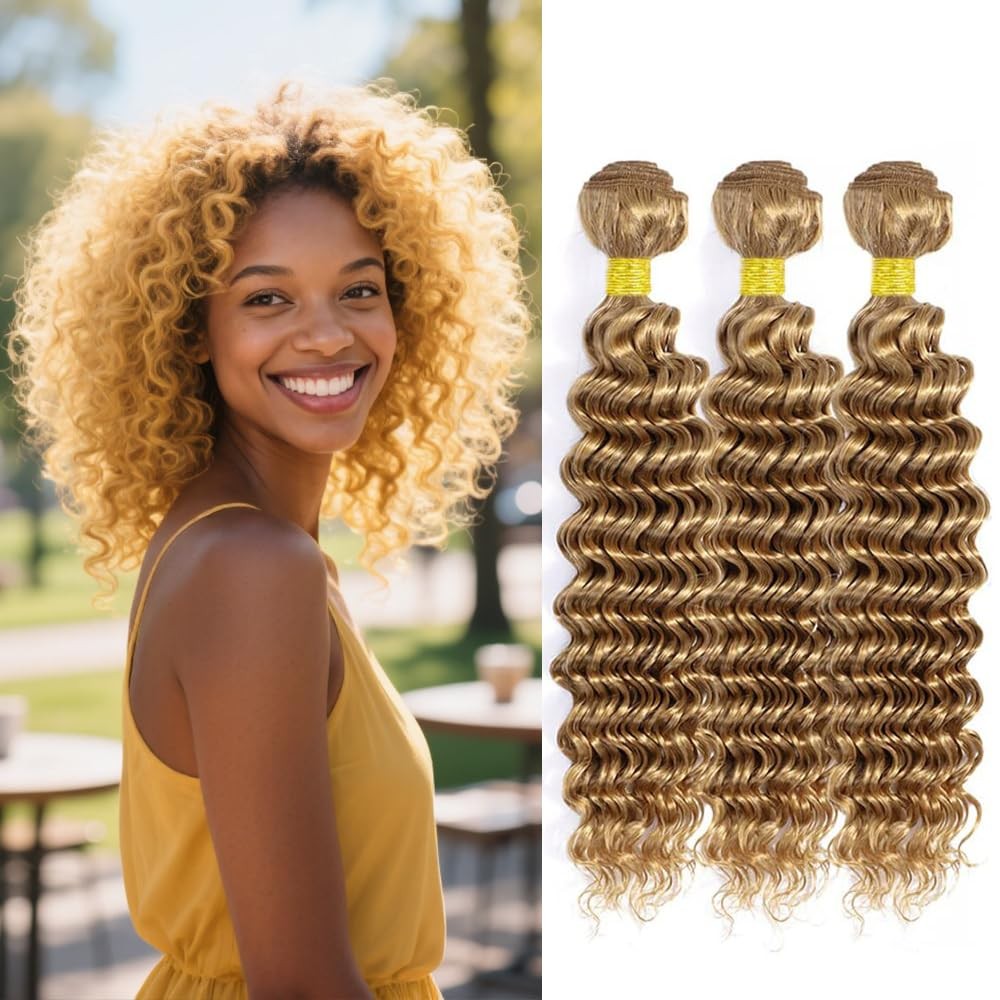 Biliisyff 27-inch honey blonde deep wave human hair bundles, Brazilian human hair, shown in natural wave texture