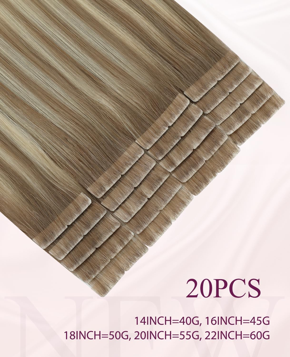 Pinkpearl invisible tape-in hair extensions, 20 pieces of human hair, 22 inches long, 60g weight, natural look.