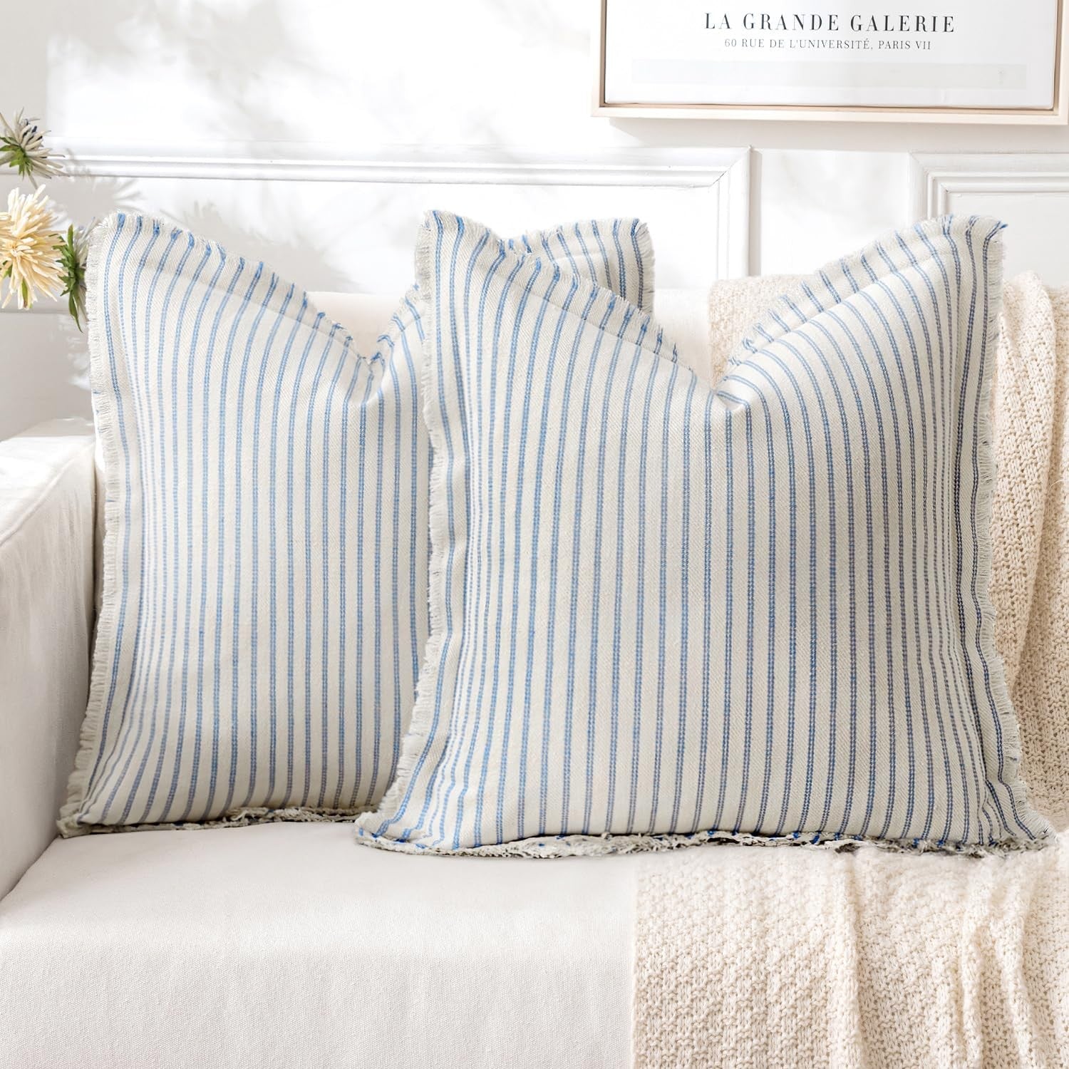 Pair of MIULEE light blue striped pillow covers, 22x22 inches, farmhouse style for couch or sofa decor.