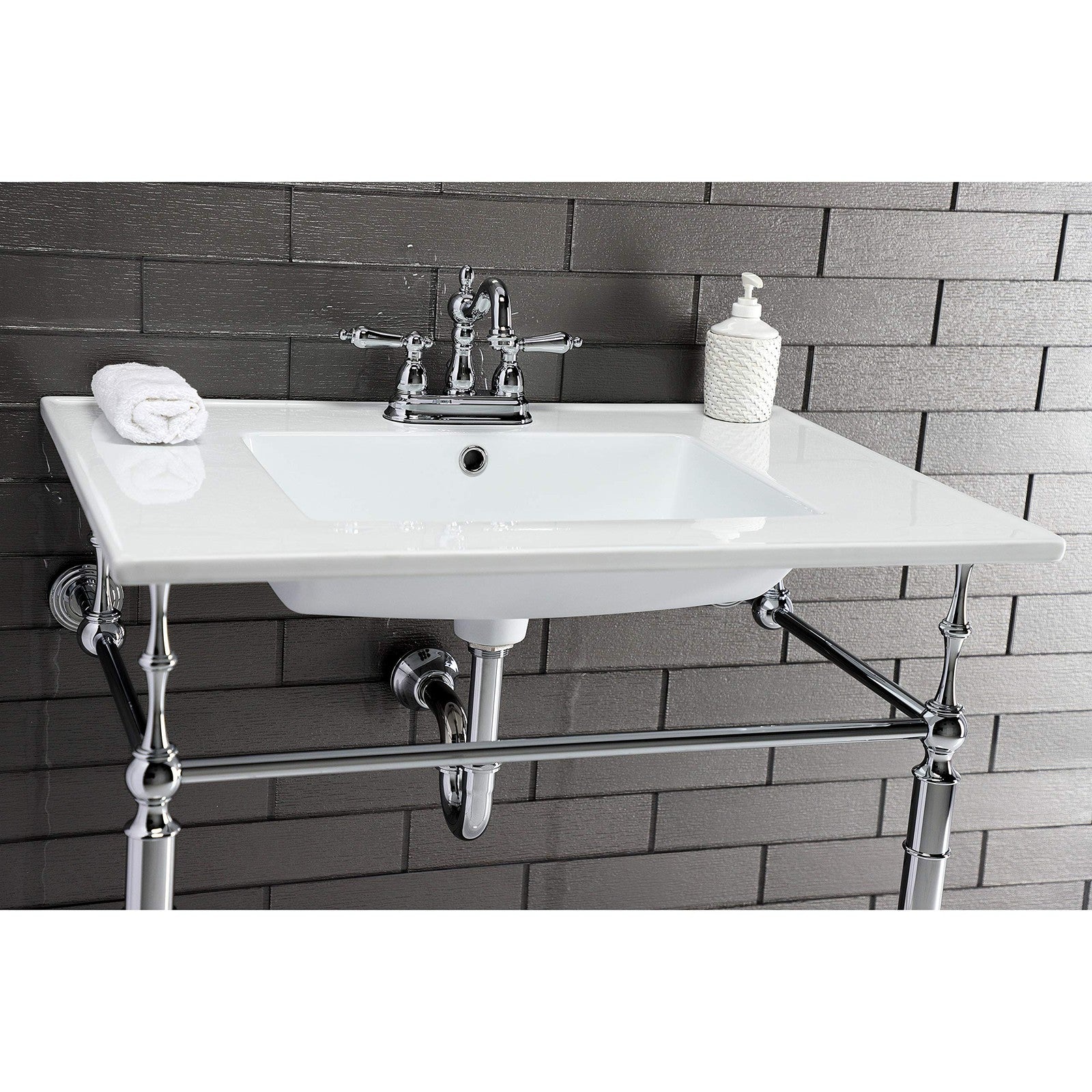 Kingston Brass Heritage 4-inch centerset lavatory faucet with metal lever handles and chrome finish, shown installed on a bathroom sink.