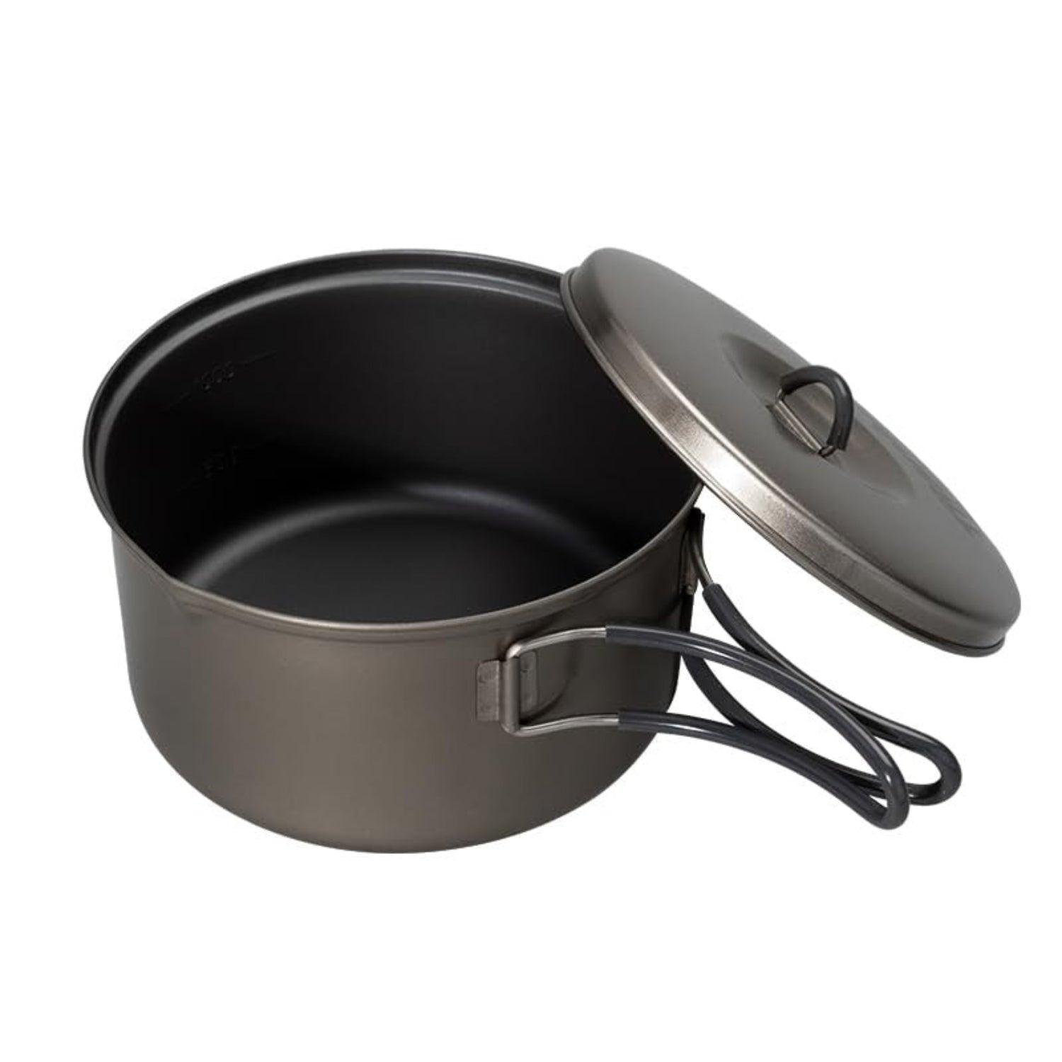 Evernew titanium non-stick camping pot in black, 0.6L capacity, lightweight cookware for outdoor cooking and camping adventures.