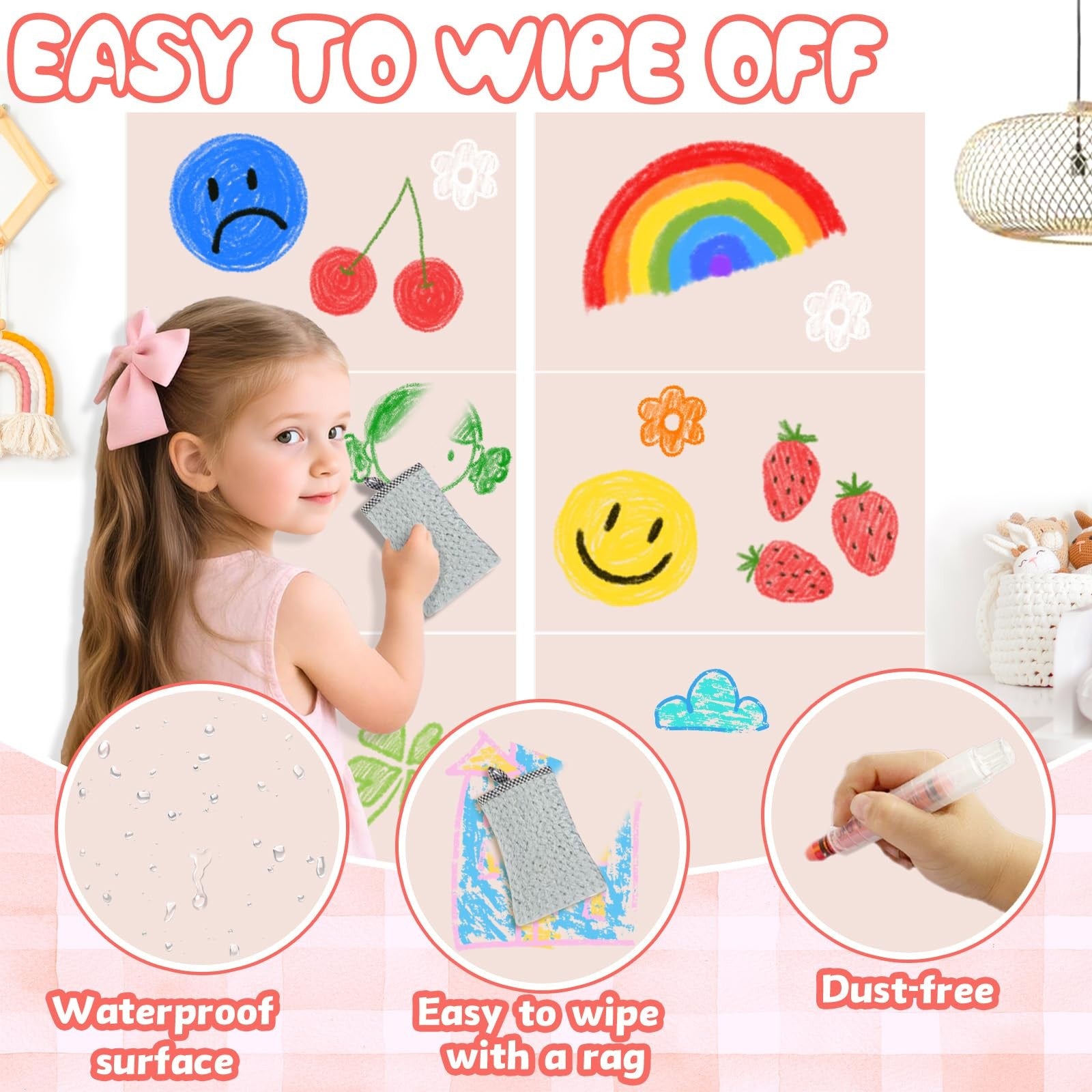 Set of 8 Easma magnetic wall decals for kids, includes peel and stick chalkboard magnets on a black surface.