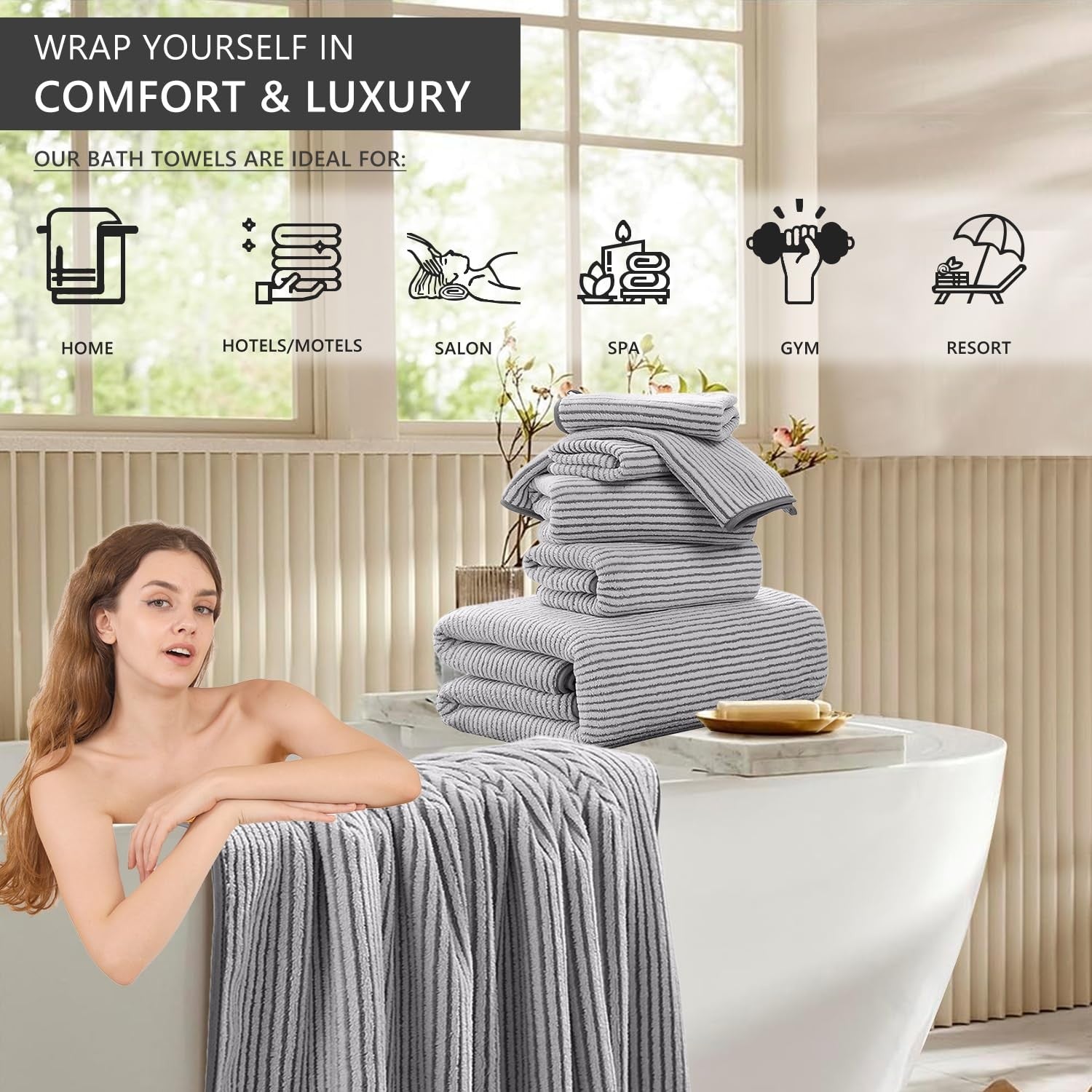 Jessy Home 8-piece premium bathroom towel set with two large bath sheets and two hand towels, soft and absorbent in white.