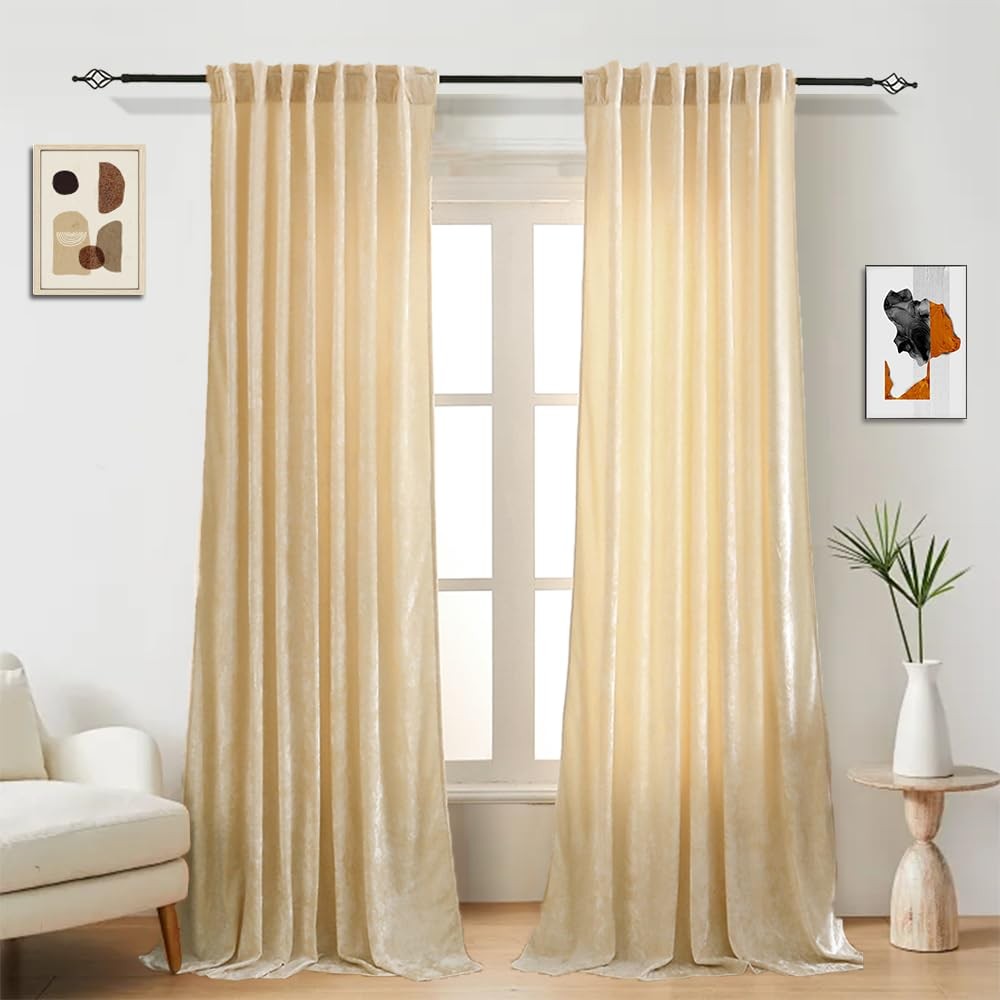 Liians black velvet blackout curtains for bedroom or nursery, beige, 52x84 inches, suitable for patio doors and windows