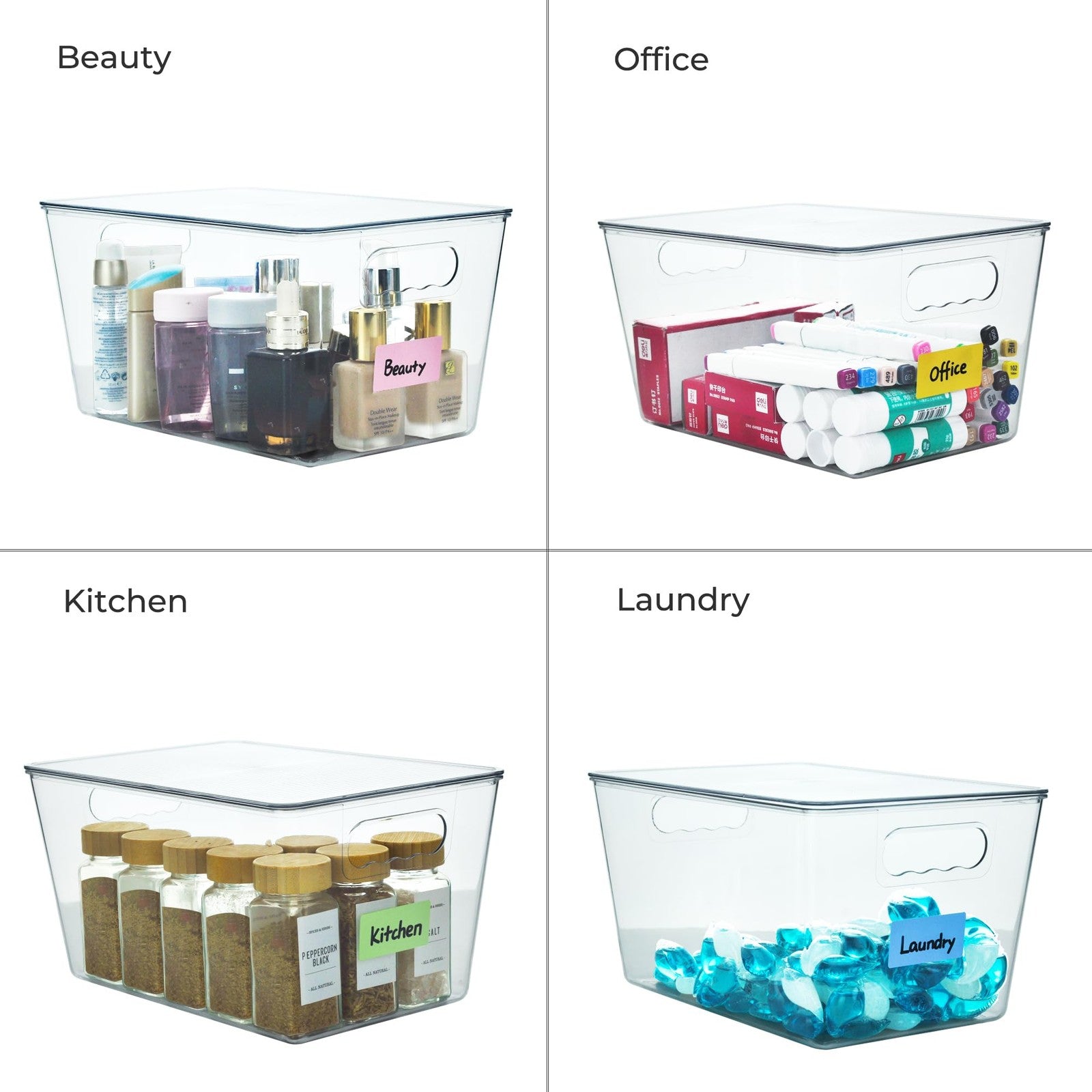 Clear Rolheit stackable plastic storage bins with lids, ideal for organizing toys and keeping kid's play areas tidy.