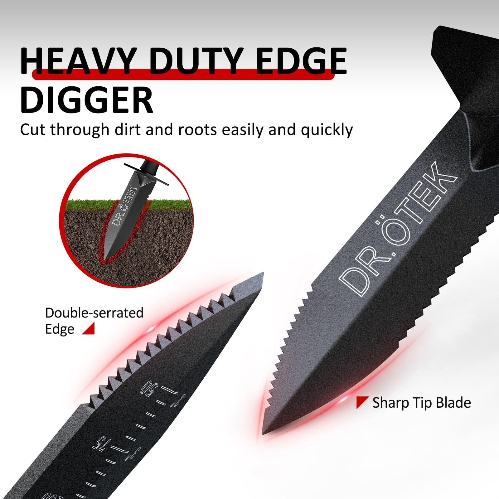 DR.ÖTEK metal detector shovel with heavy-duty double serrated blade for digging, shown in a close-up image.