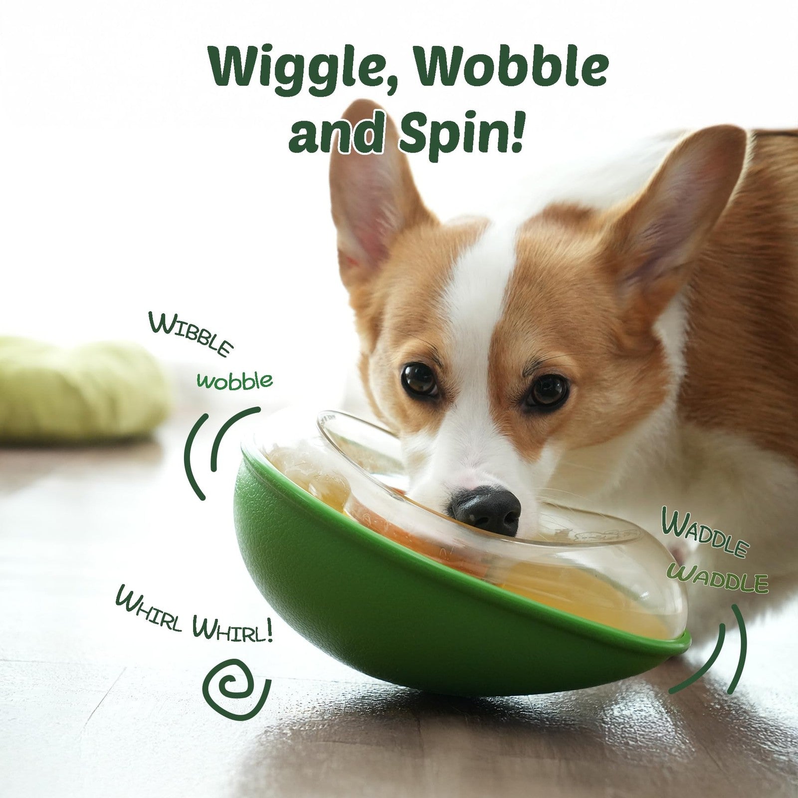 PAW QUEST Avocado non-spill treat dispensing wobble toy for dogs, designed to engage and reward pets during playtime.