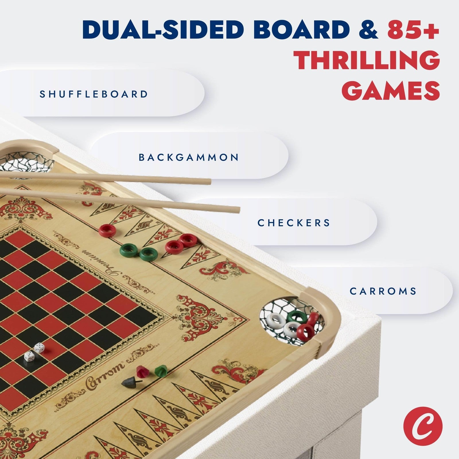 Carrom brand large carrom board game set with wooden surface, game pieces, and striker, designed for adults and children to play indoors.