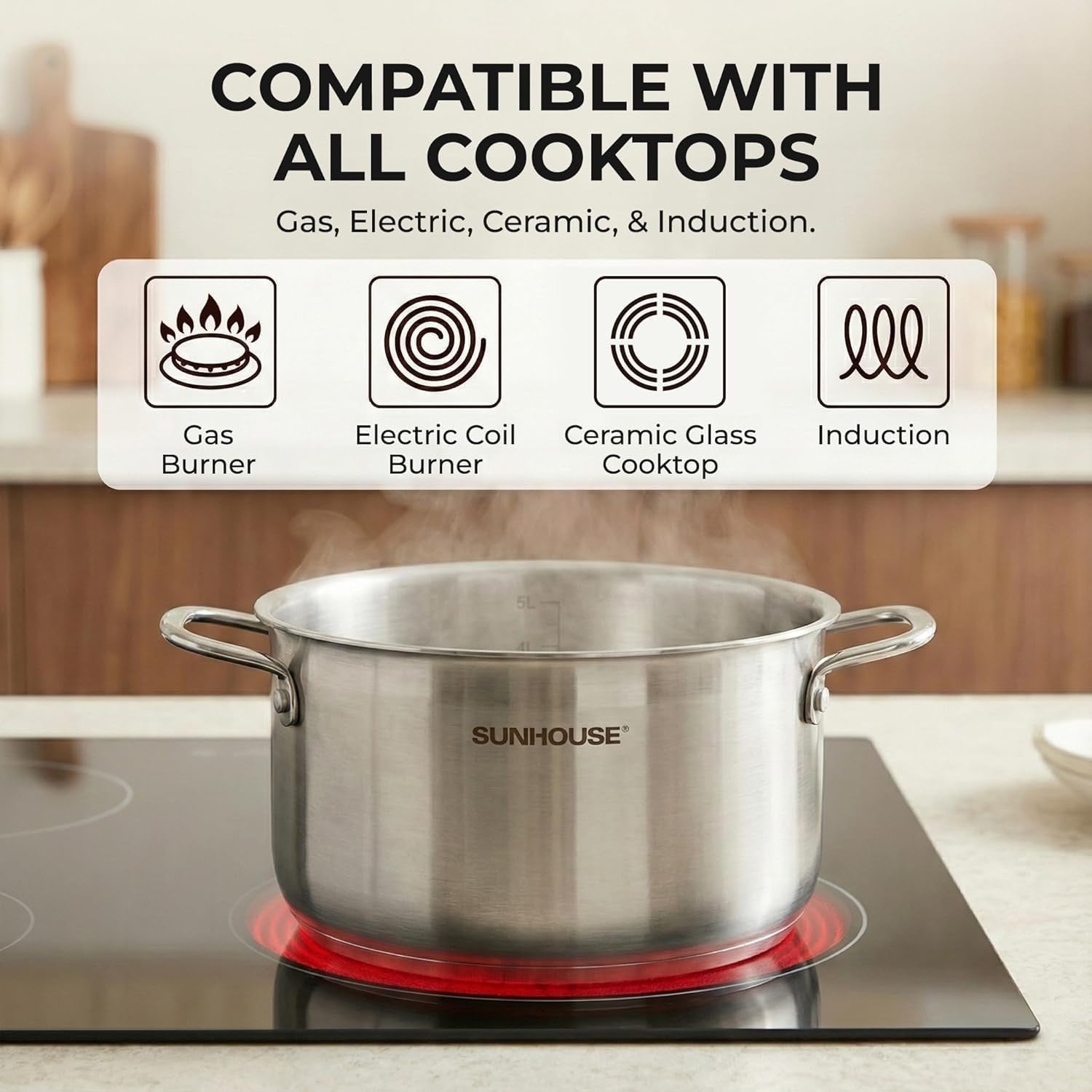 Sunhouse 6.5 Quart stainless steel stock pot with heavy-duty construction, suitable for induction cooking, shown with lid.