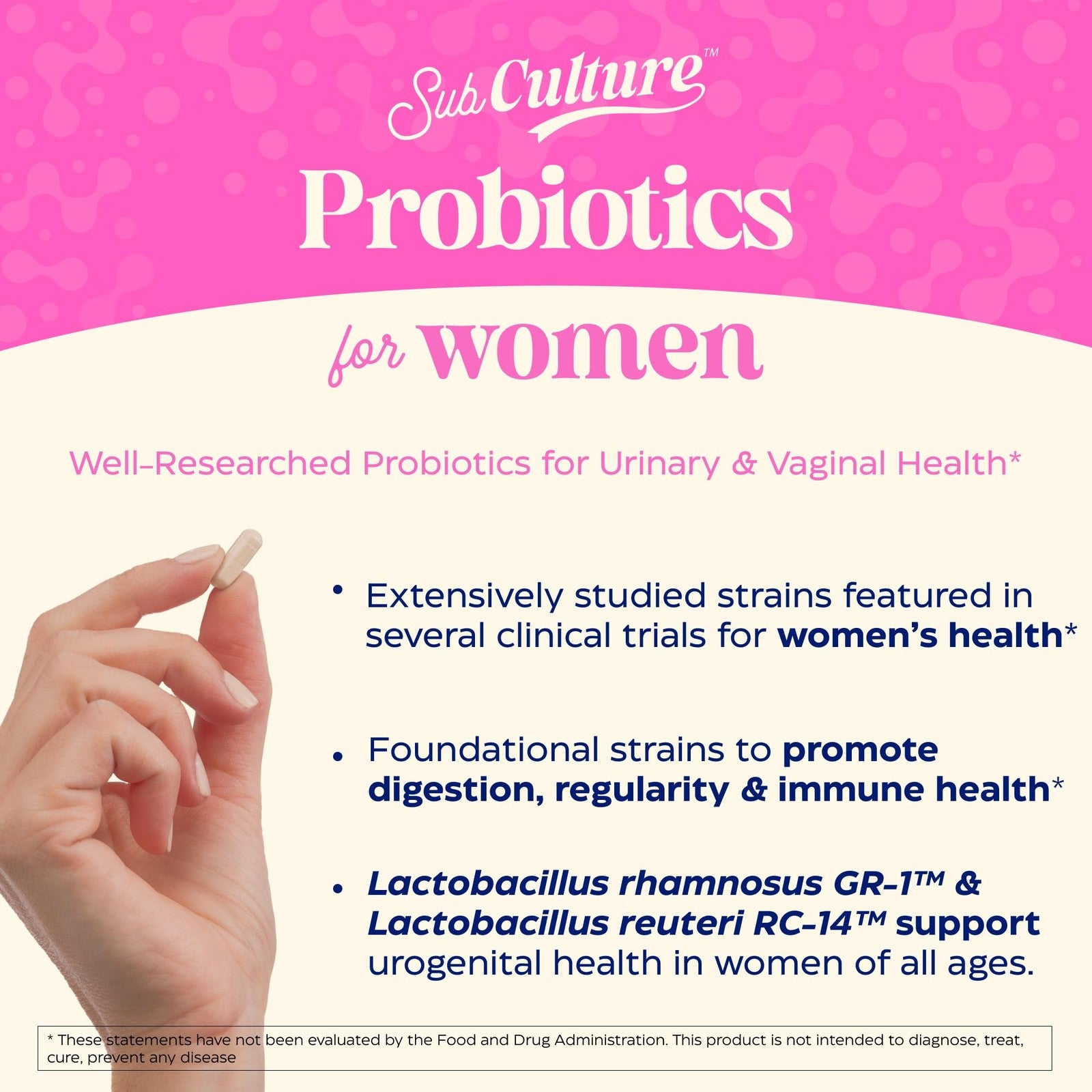 Enzymedica SubCulture Probiotics for Women, 50 Billion CFU, bottle of dietary supplement capsules with label visible