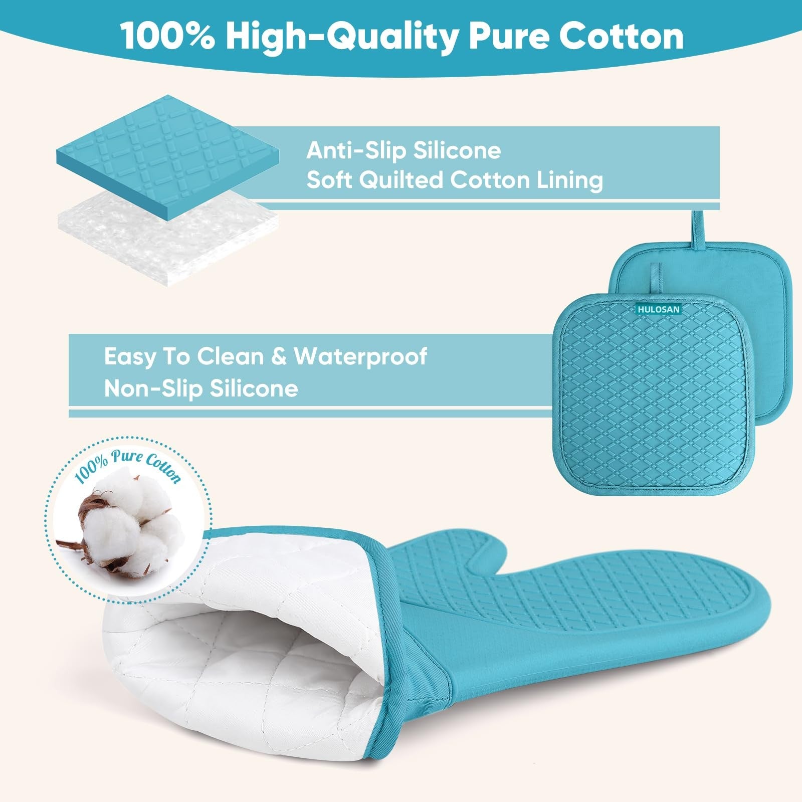 HULOSAN silicone oven mitts and pot holder set with 100% cotton kitchen towels, heat-resistant and durable for cooking and baking.