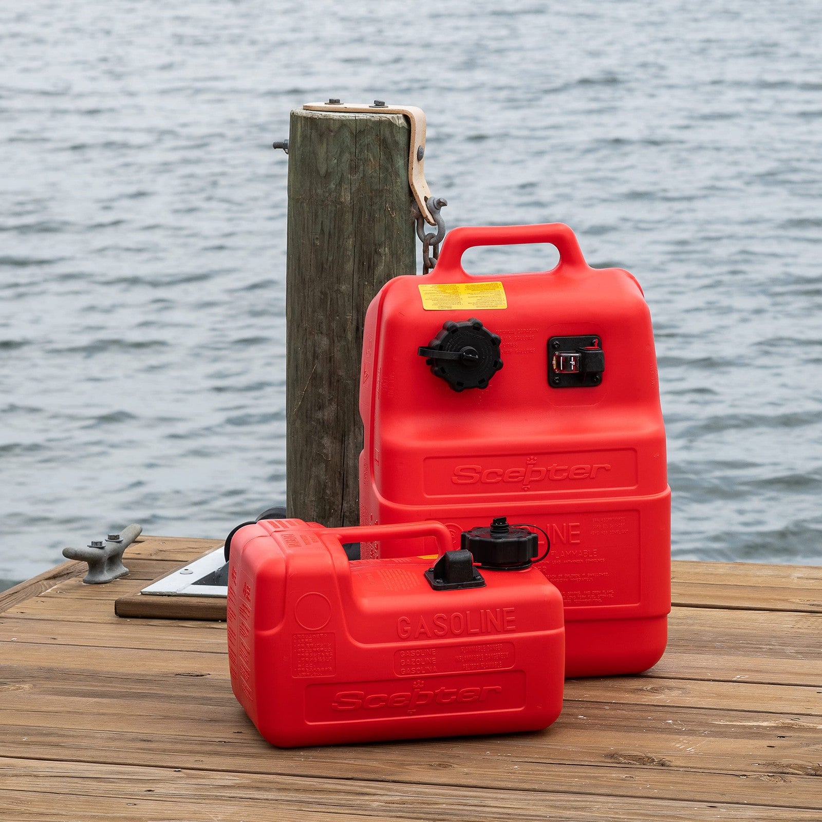 Scepter 6.6-gallon portable marine gas can with vented cap, designed for boat fuel storage and transportation.