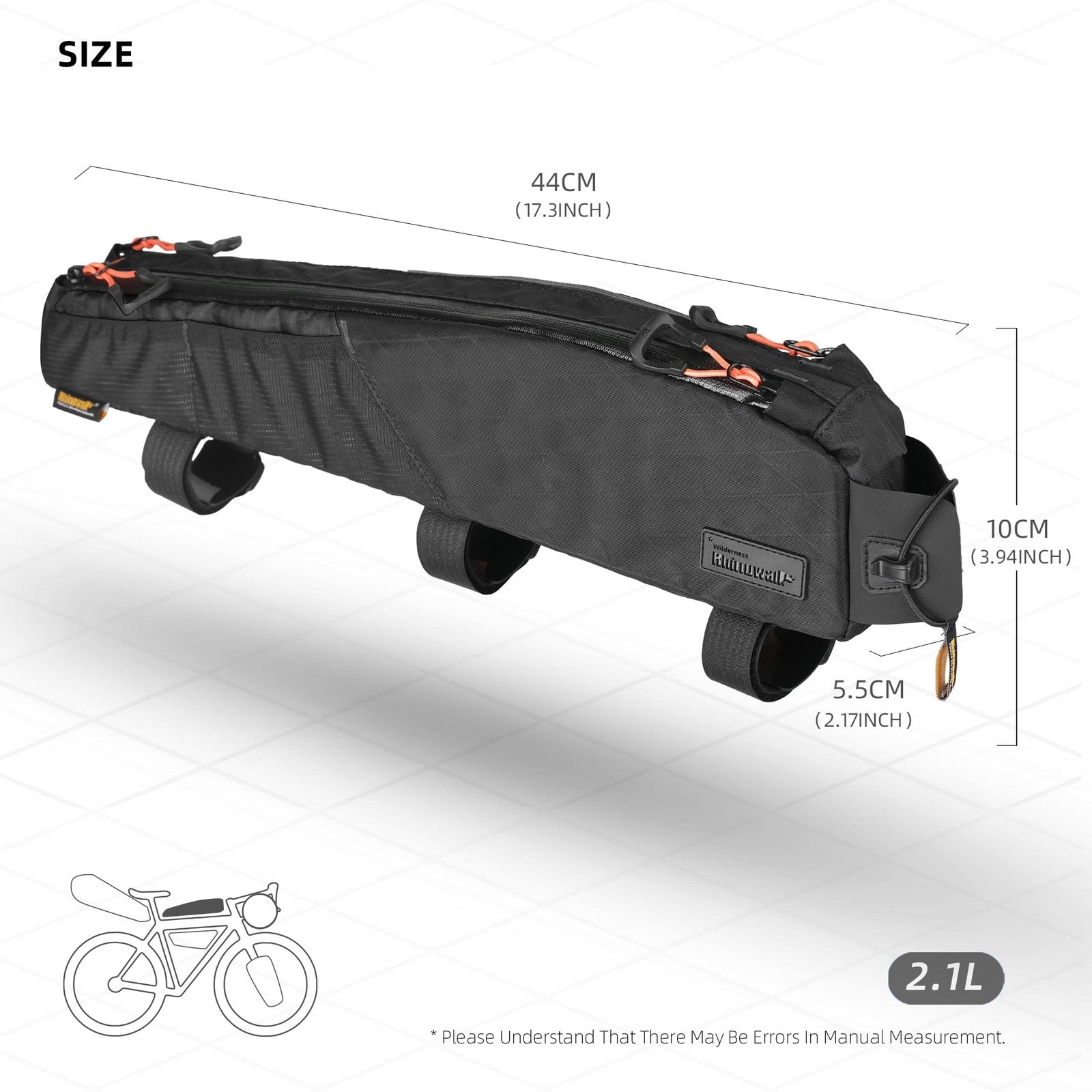 Rhinowalk waterproof bike top tube bag attached to a bicycle frame, 2.1L capacity, ideal for cycling essentials.