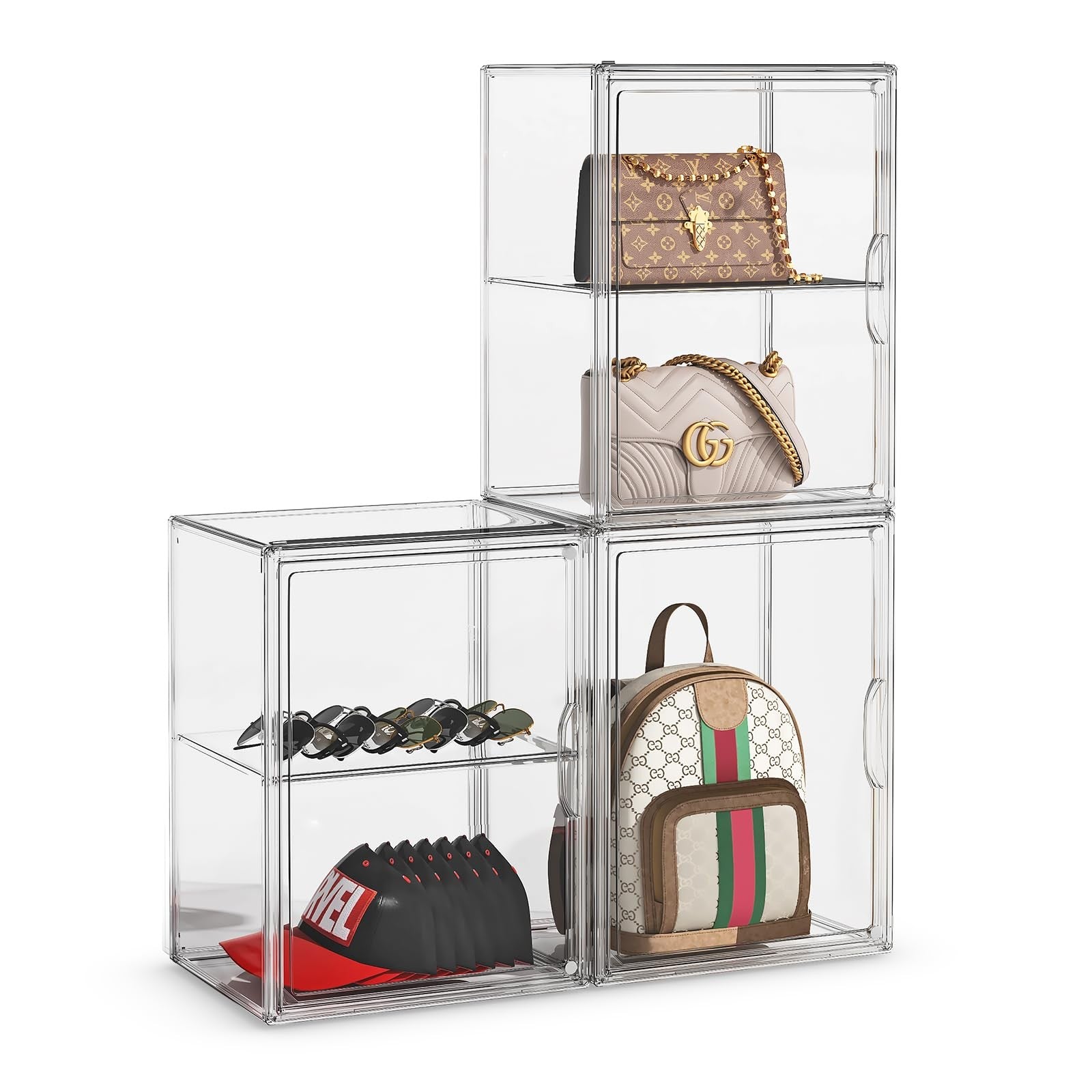 MSHOMELY purse storage organizer set with clear, adjustable compartments for closet handbag organization, three-pack included.