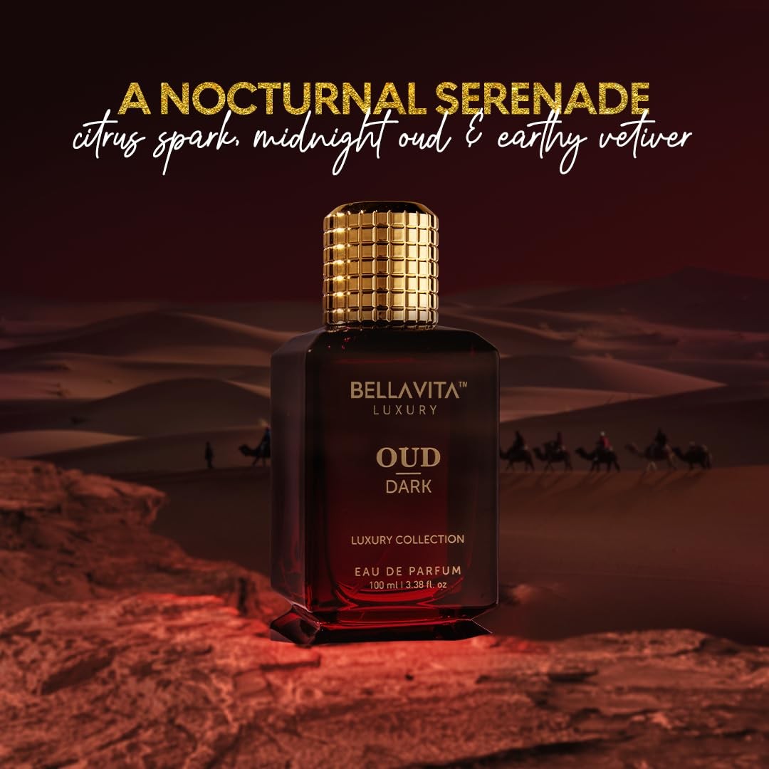 Bottle of BellaVita Luxury Oud Dark EDP 100ml unisex Arabian perfume with elegant dark packaging and gold accents.