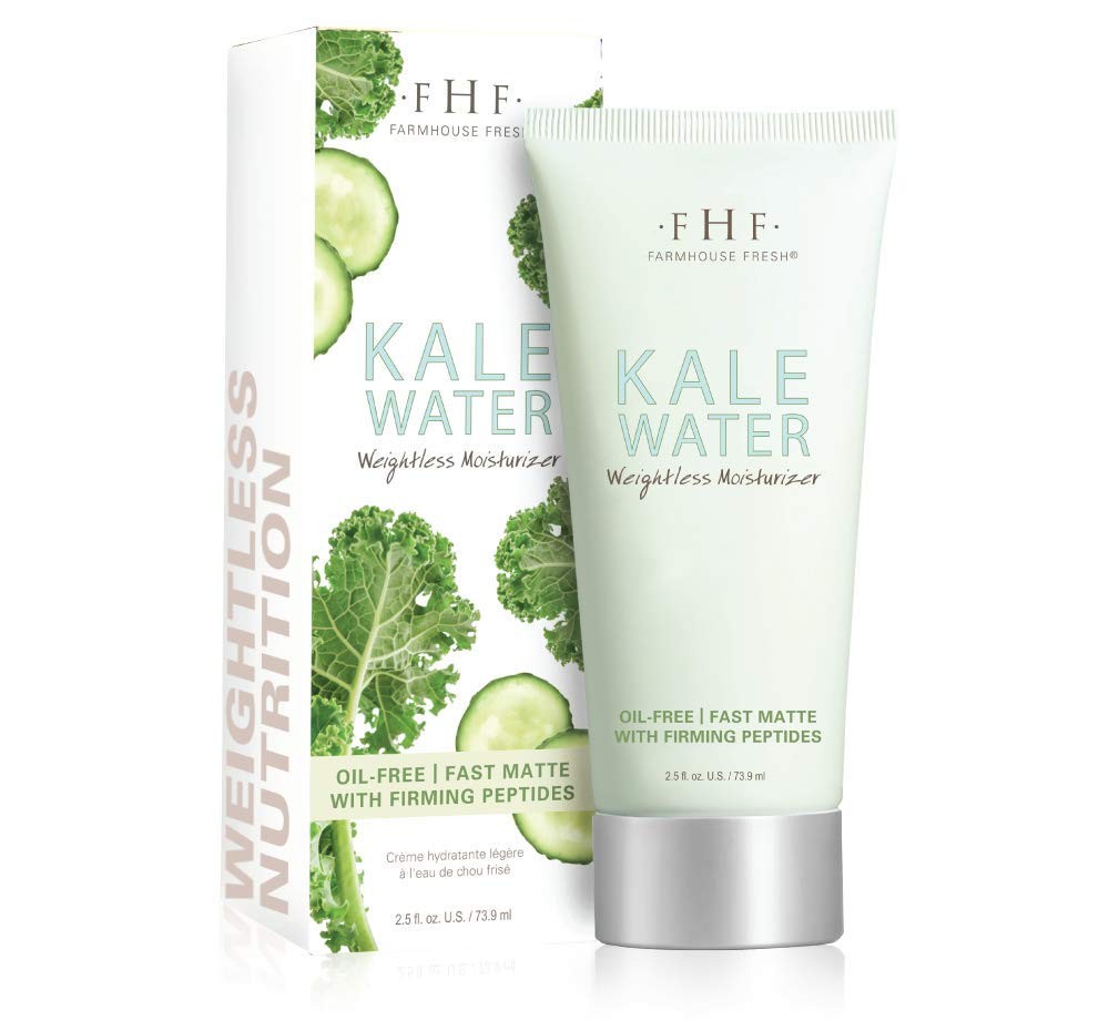 FarmHouse Fresh Kale Water Weightless Moisturizer in 2.5 fl oz bottle, showing the sleek packaging and product label.