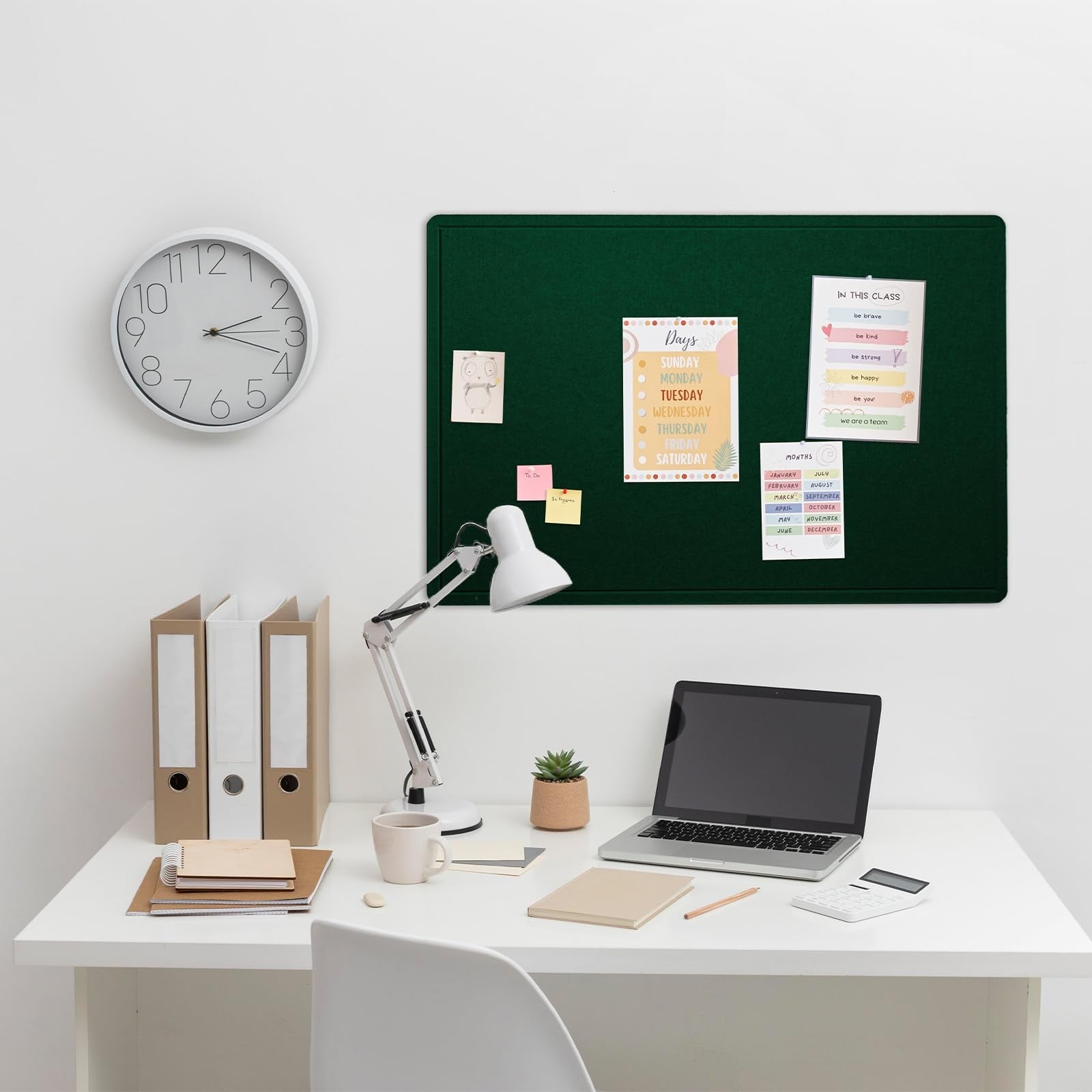 Lightomorrow 36x24 inch felt bulletin board with cork alternative, ideal for pinning notes and photos in a decorative office or home space.