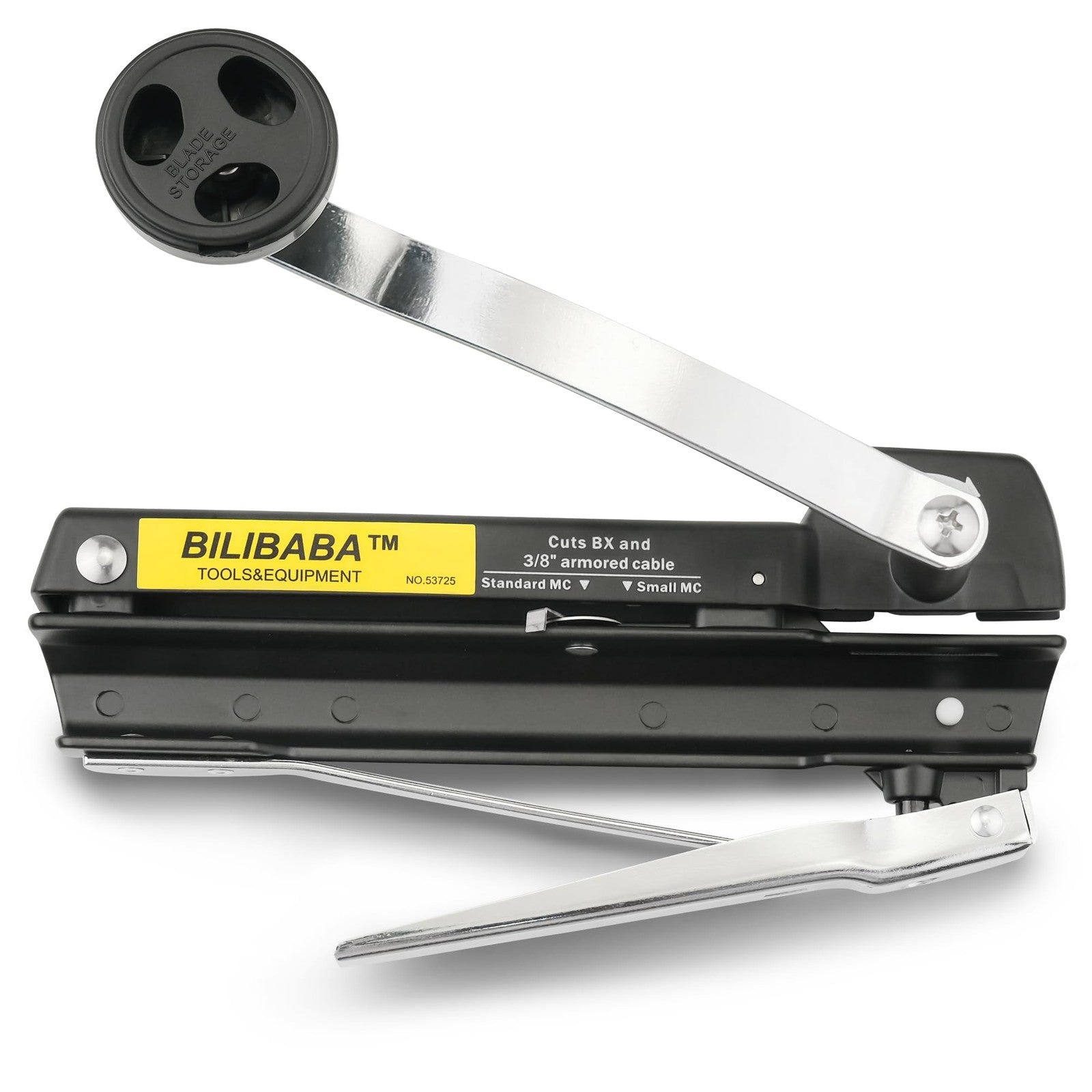 Blibaba Greenfield armored and BX cable cutter in silver with black handles, designed for easy assembly and cutting MC cables from 3/16 to 1 inch.