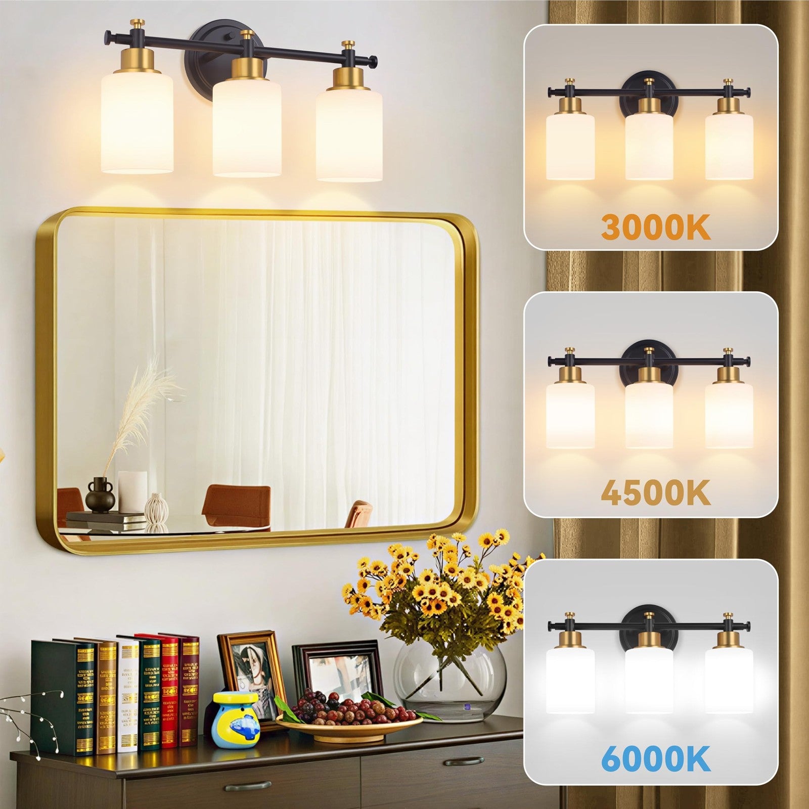 Imizdlum 3-light bathroom vanity light fixture with black and gold finish, featuring modern design and clear glass shades.