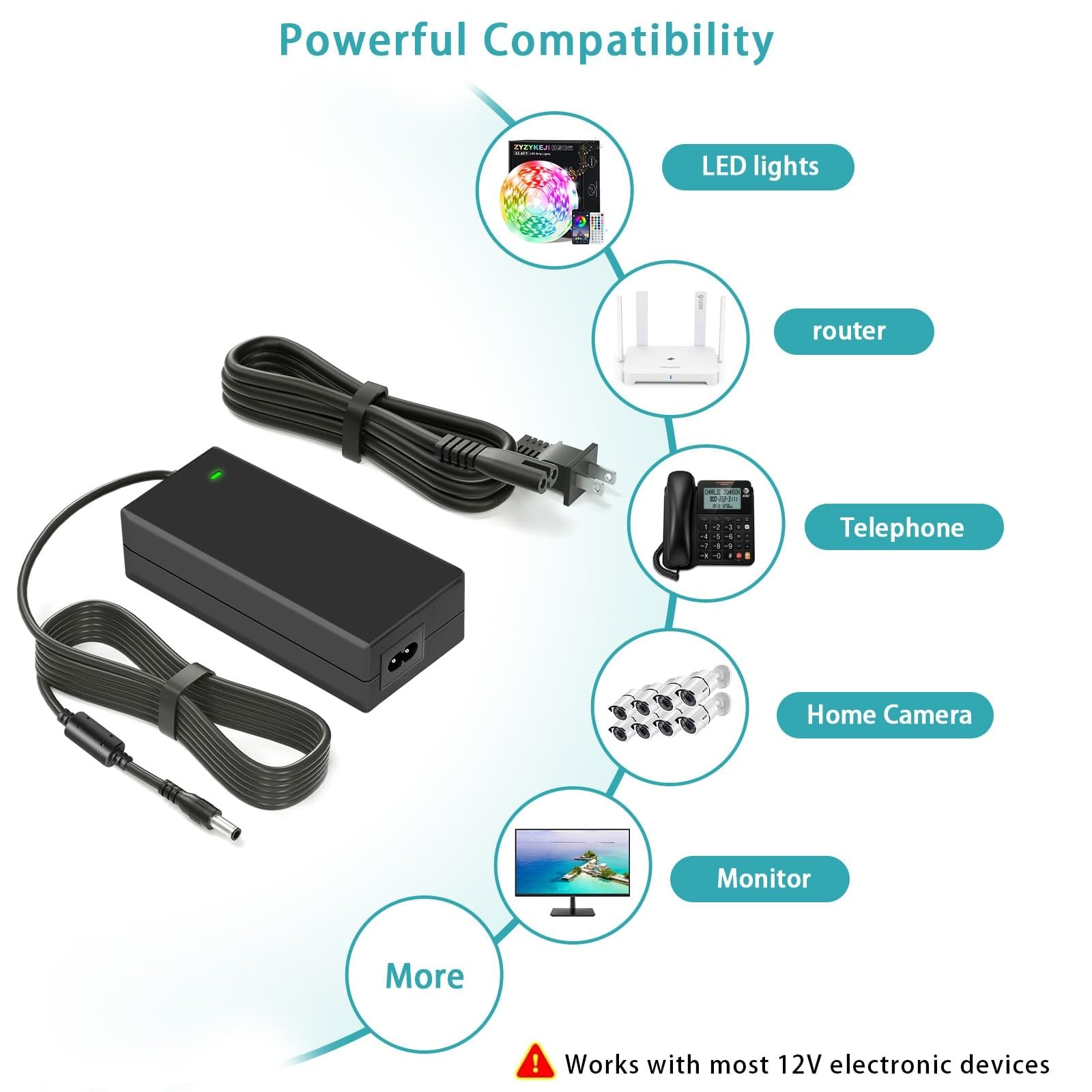 Mareisa 12V 5A security camera power supply adapter for CCTV cameras, showing the black power adapter with cable and plug.