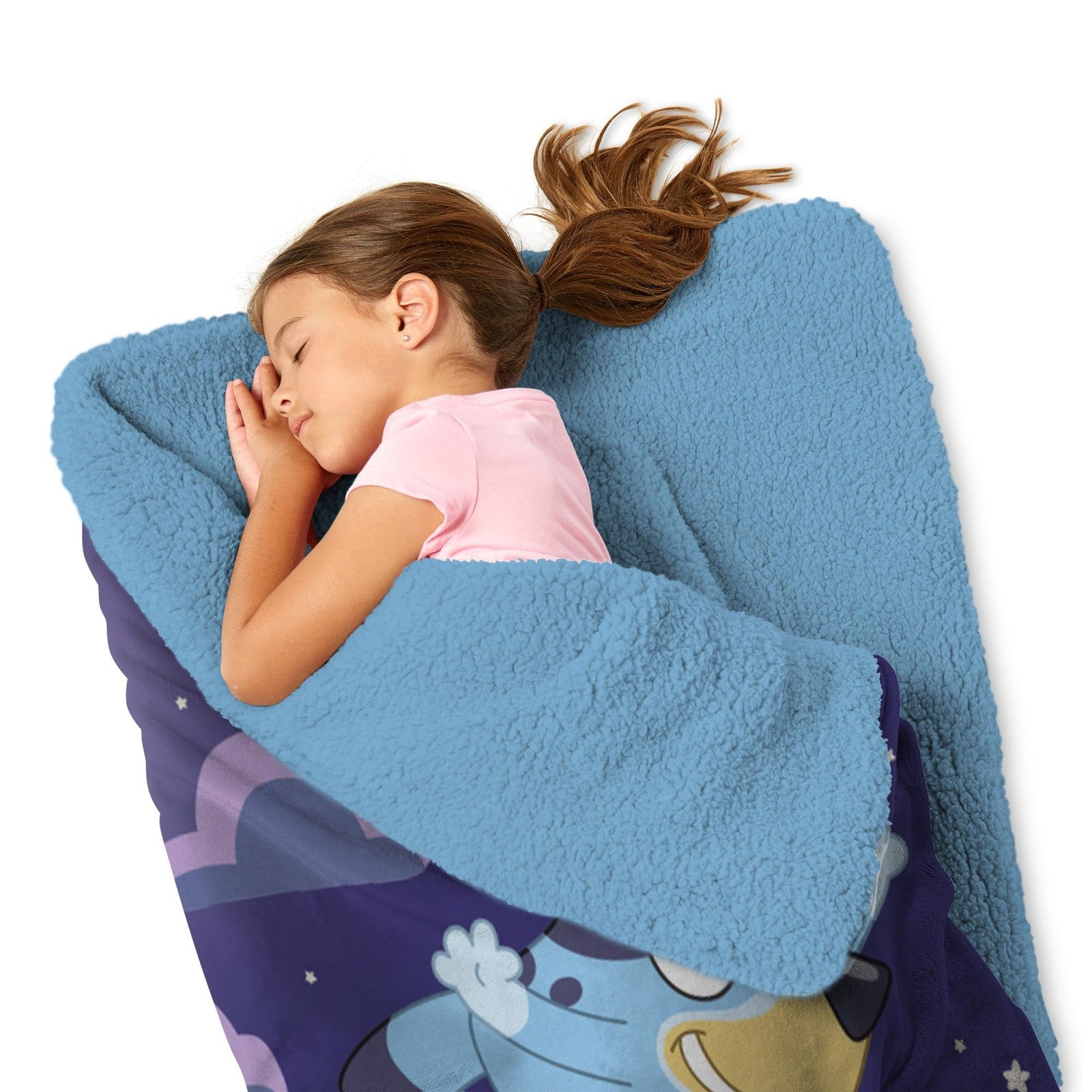 Northwest Bluey Silk Touch Sherpa Slumber Bag with zipper for kids, featuring a Bluey design and soft Sherpa lining.