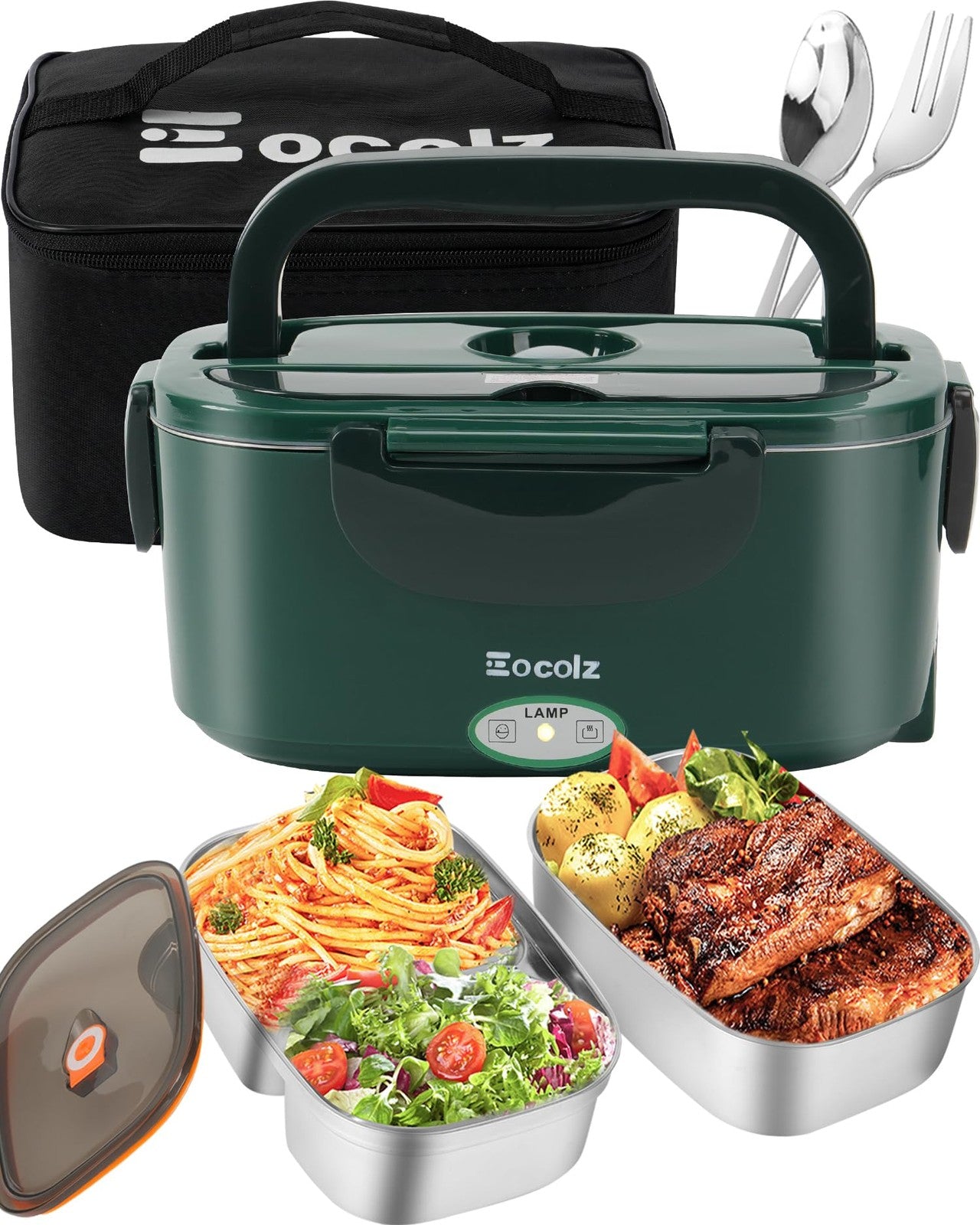 Eocolz electric lunch box food heater with 80W power, portable design, for warming meals on the go.