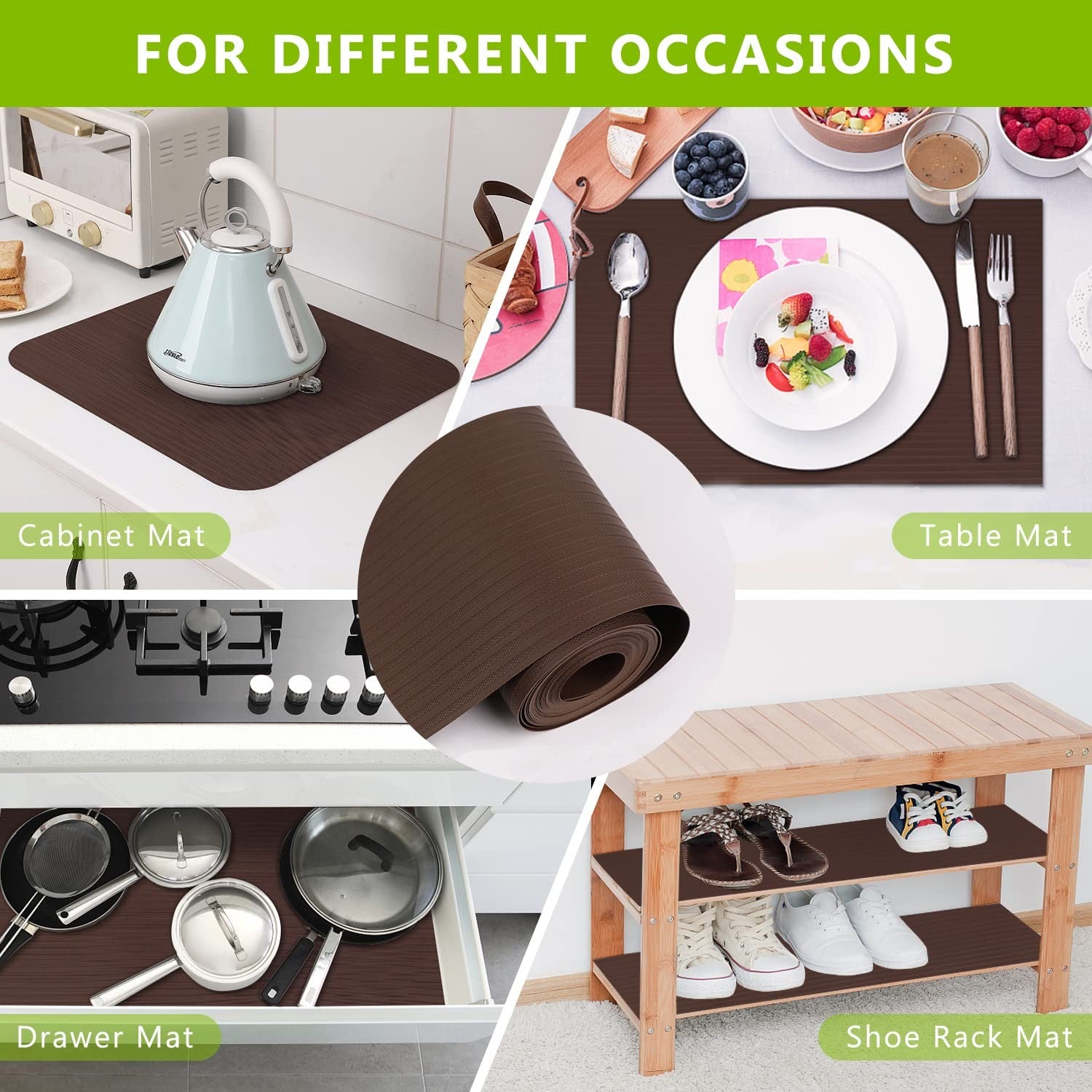 Anze durable non-adhesive kitchen shelf liner and drawer liner with textured surface, designed to protect and organize cabinet shelves.