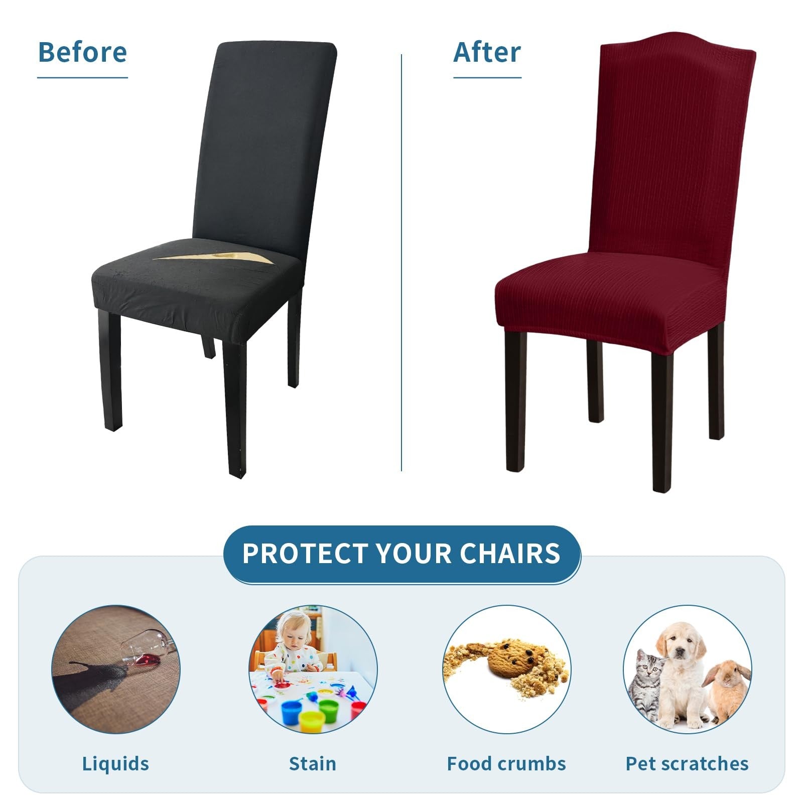 Set of four Fafua stretch dining chair covers, washable slipcovers with elastic fit on standard dining chairs.
