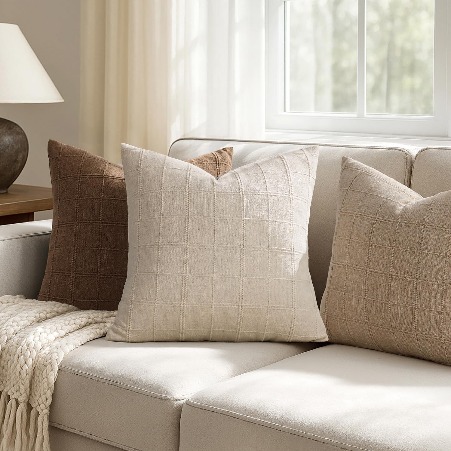 Woaboy linen check throw pillow covers set of 2, 26x26 inches, beige farmhouse style with classic check pattern.
