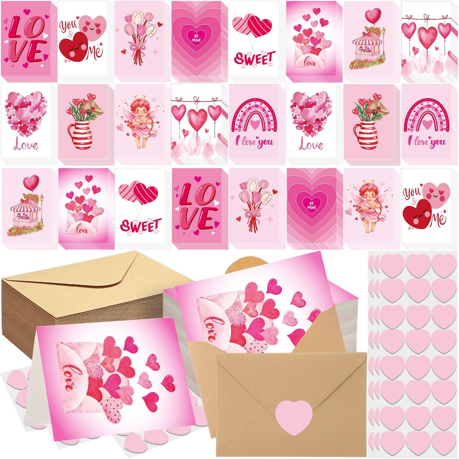 Tenceur 240-piece Valentine greeting cards set with pink love heart designs and matching envelopes, perfect for special occasions.