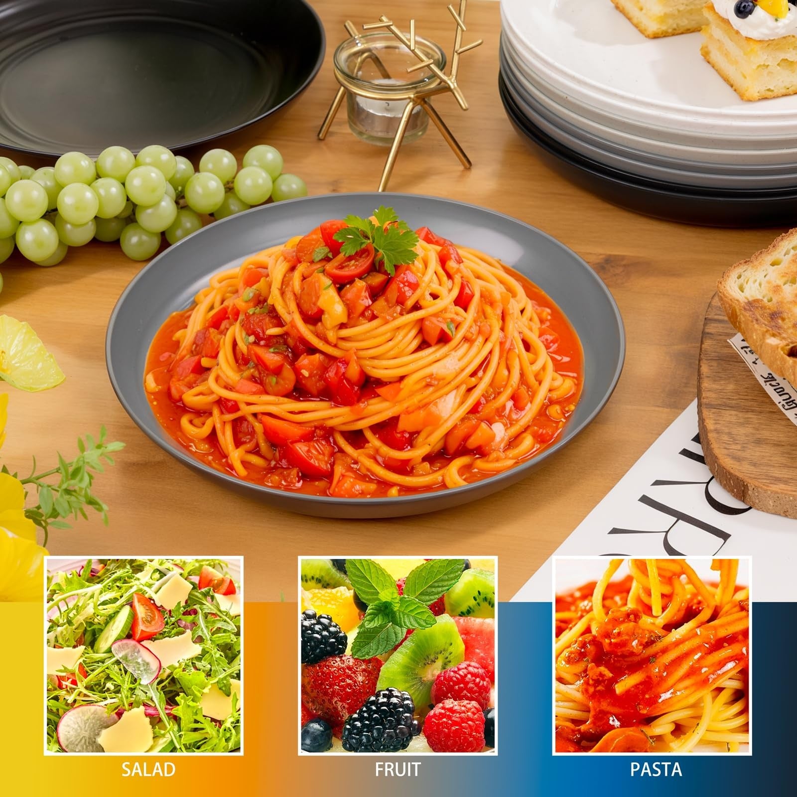 Supernal 10-inch wheat straw dinner plates made of durable reusable plastic, shown stacked with a clean, modern design.