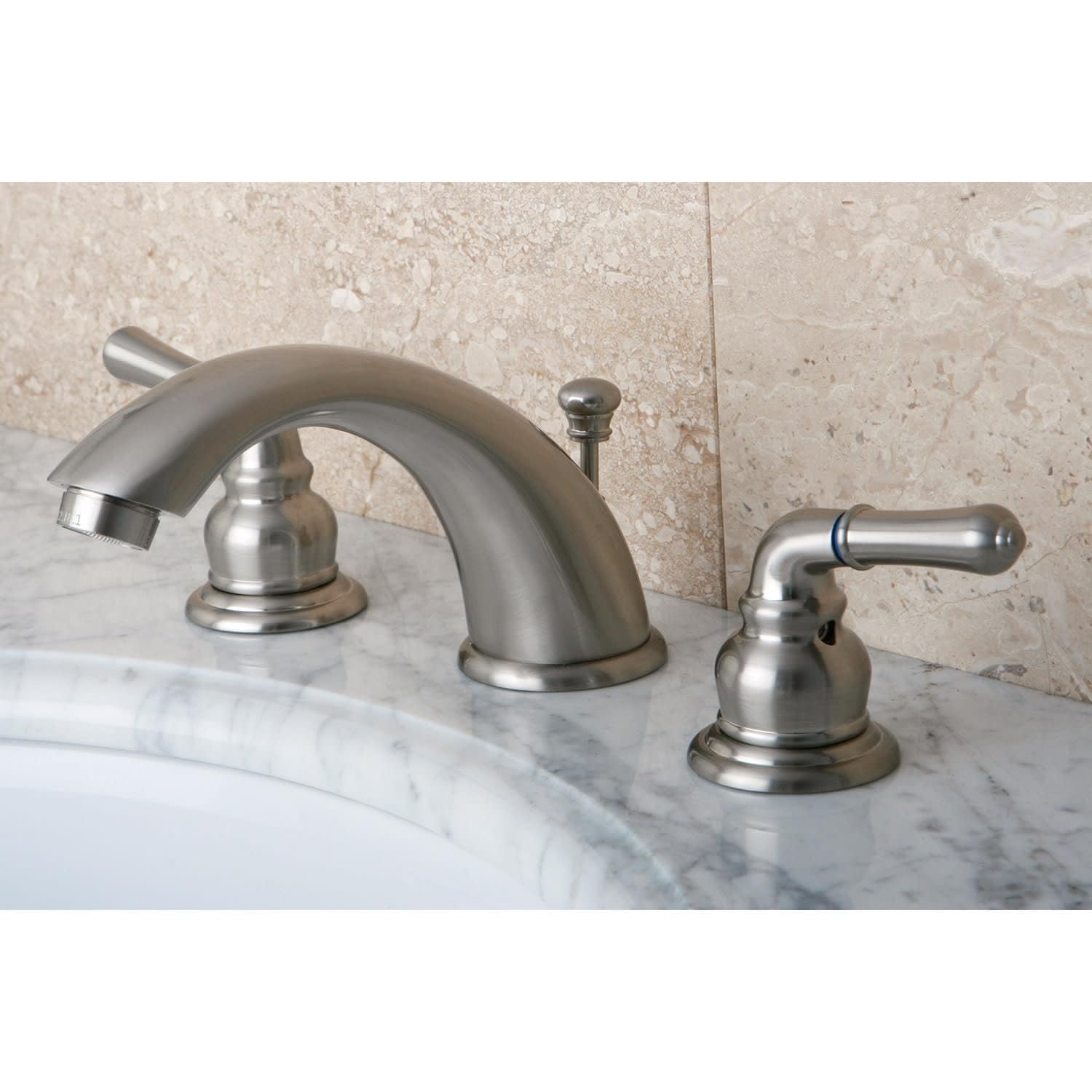 Kingston Brass Magellan widespread bathroom faucet with retail pop-up drain, polished finish, featuring two handles and modern design
