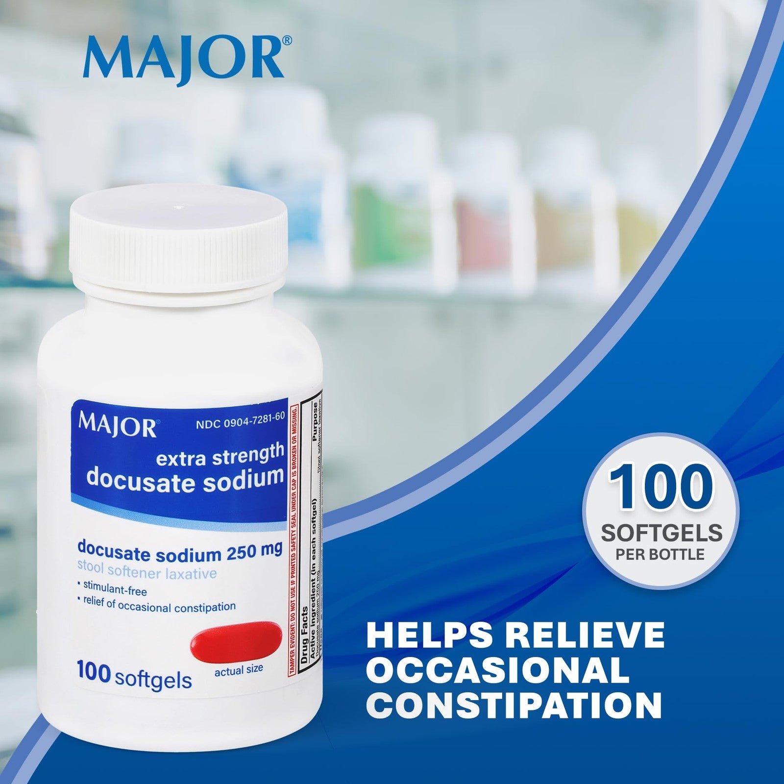 Major Docusate Sodium 250 Mg extra strength stool softener and laxative capsules in a white bottle.