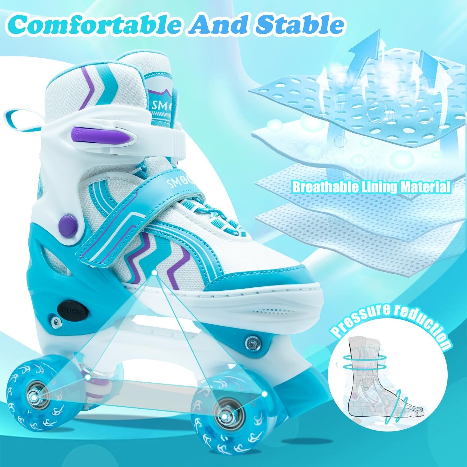 SMOOJOY kids roller skates for boys and girls in adjustable sky blue with white wheels and straps, suitable for beginners.